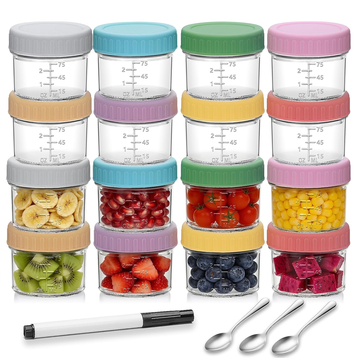 Accguan 16Pack Glass Baby Food Storage Containers, 4oz Glass Baby Food Jars | Small Glass Containers with Lids, Baby Food Glass Jars,Baby Food Maker for Microwave & Dishwasher Freezer Safe,BPA Free