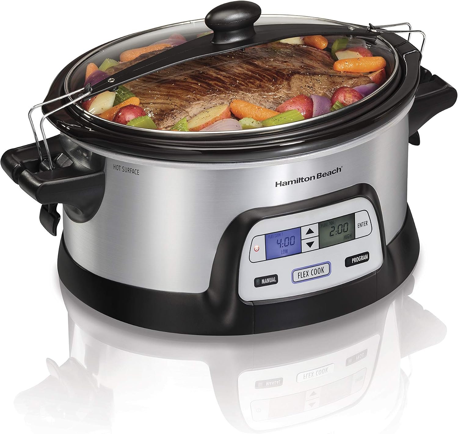 Hamilton Beach 33861 Portable Programmable Slow Cooker, Dishwasher Safe Crock, 6 Qt, FlexCook Dual Digital Timer/2 Heat Settings, Lid Lock for Easy Travel, Silver | FlexCook Dual Digital Timer With 2 Heat Settings | Lid Lock For Easy Travel | Dishwasher Safe Stoneware Crock | Silver