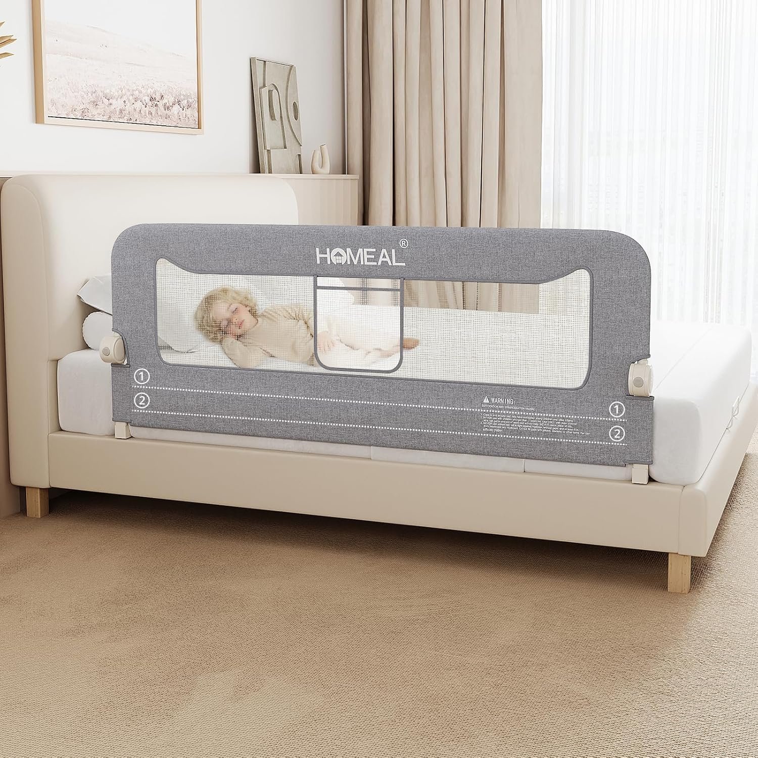 HOMEAL Bed Rail for Toddlers, 59″ Extra Long Swing Down Bed Guard with Double Reinforced Stability, Foldable Metal Safety Rail for King, Queen, Full & Twin Beds, Grey
