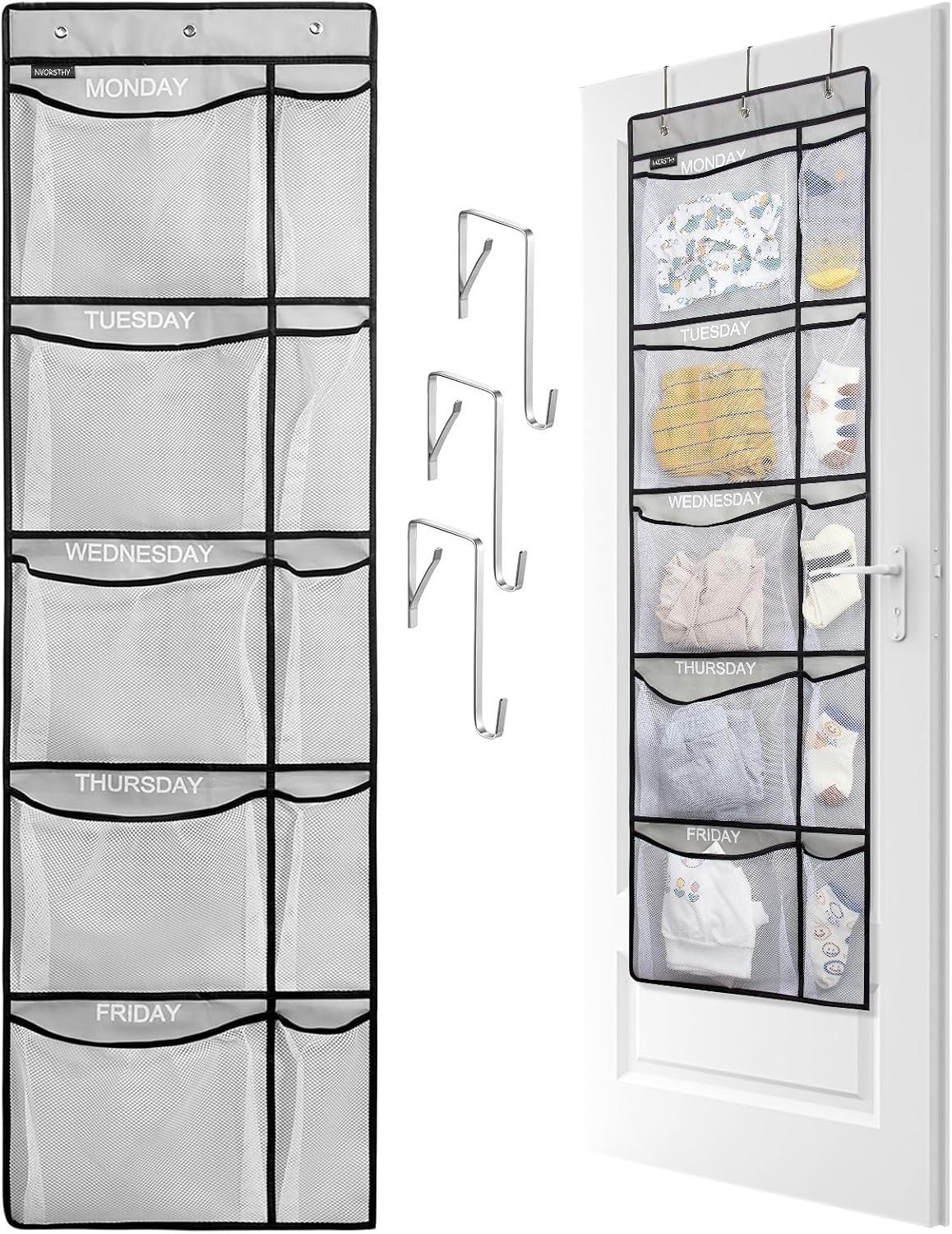Weekly Kids Clothes Organizer – Day of Week School Clothing Organizer, Monday to Friday Time Save, No Odour, 5-Shelf Hanging Closet Storage (Grey)