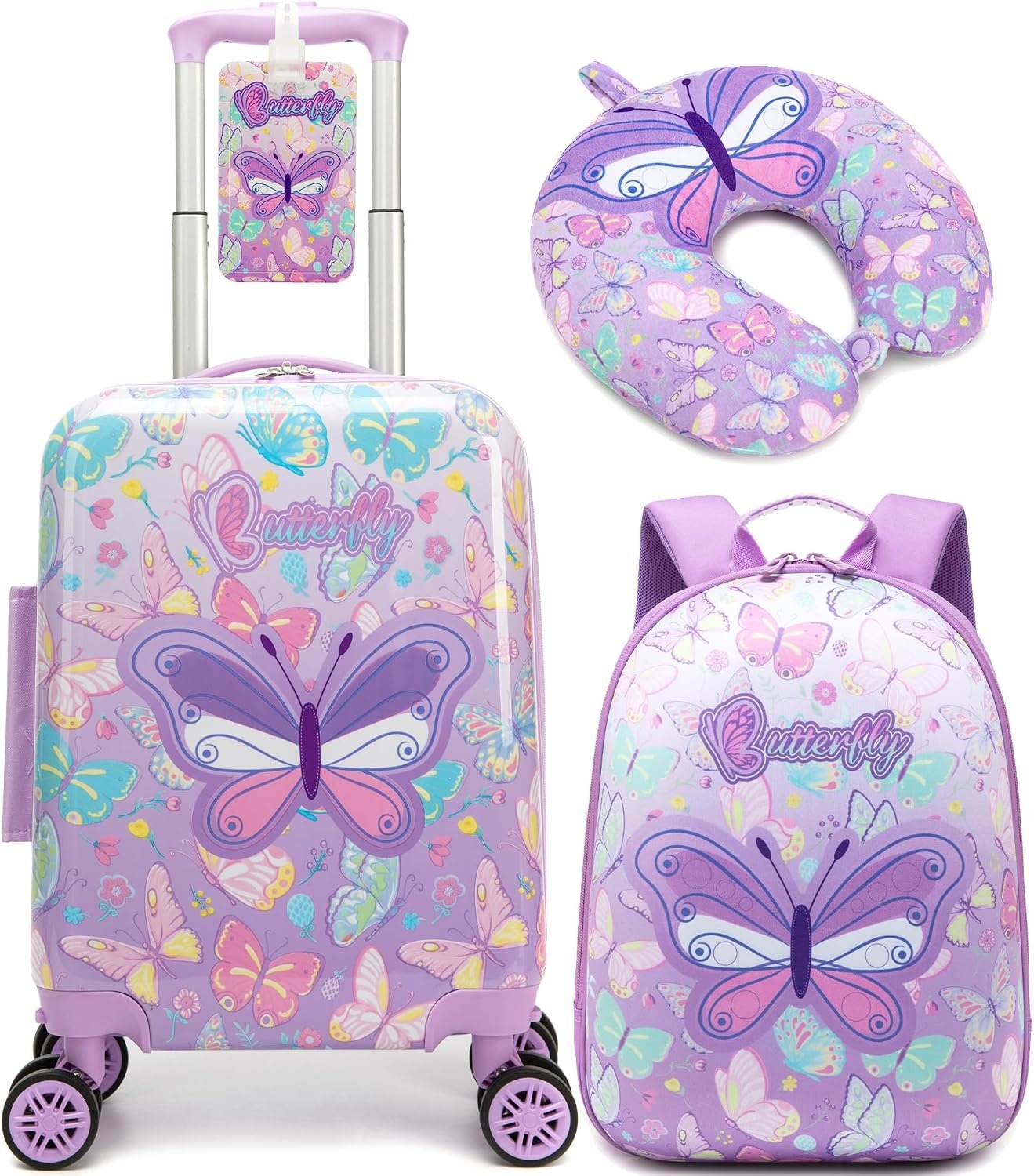 Kids Luggage Sets 4 Piece Purple Rolling Suitcases for Girls with Wheel Shardshell 16″ Travel Suitcase with Hard Shell