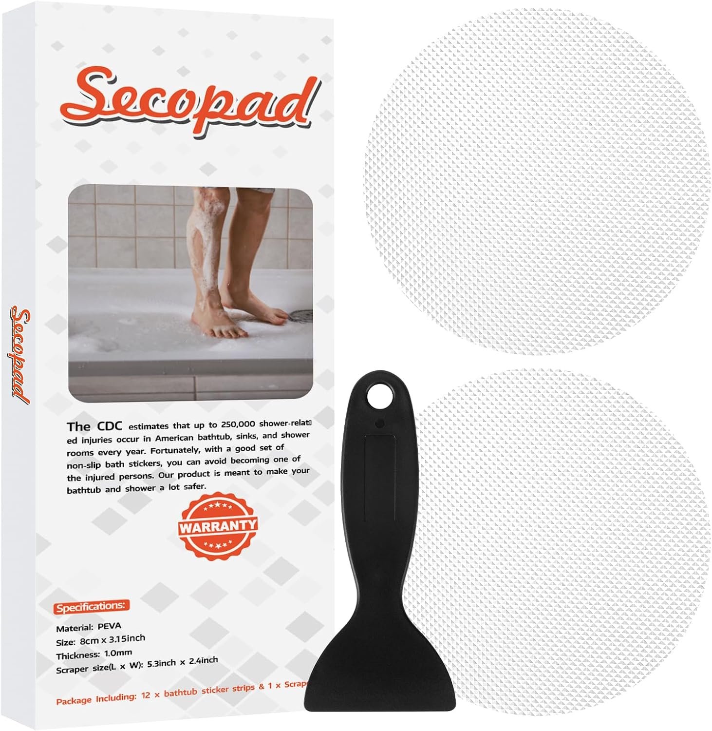 Secopad Original Bathtub Non-Slip Stickers for Tub & Shower Floor, Strong Anti-Slip Shower Stickers with Scraper Ideal for Families with Kids, Adults & Seniors, 12 PCS (White)