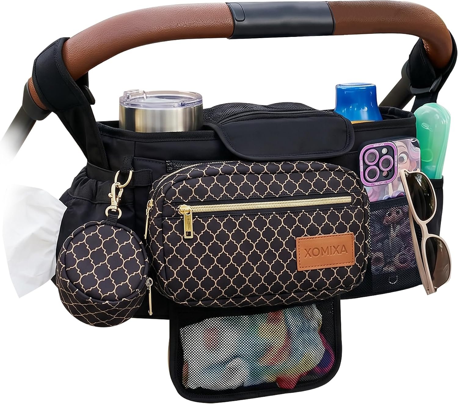 Stroller Organizer with Cup Holders – 9-in-1 Universal Baby Stroller Caddy with Multiple Pockets, Detachable Pouch & Pacifier Bag, Hooks & Adjustable Reflective Straps, Fits Most Strollers.