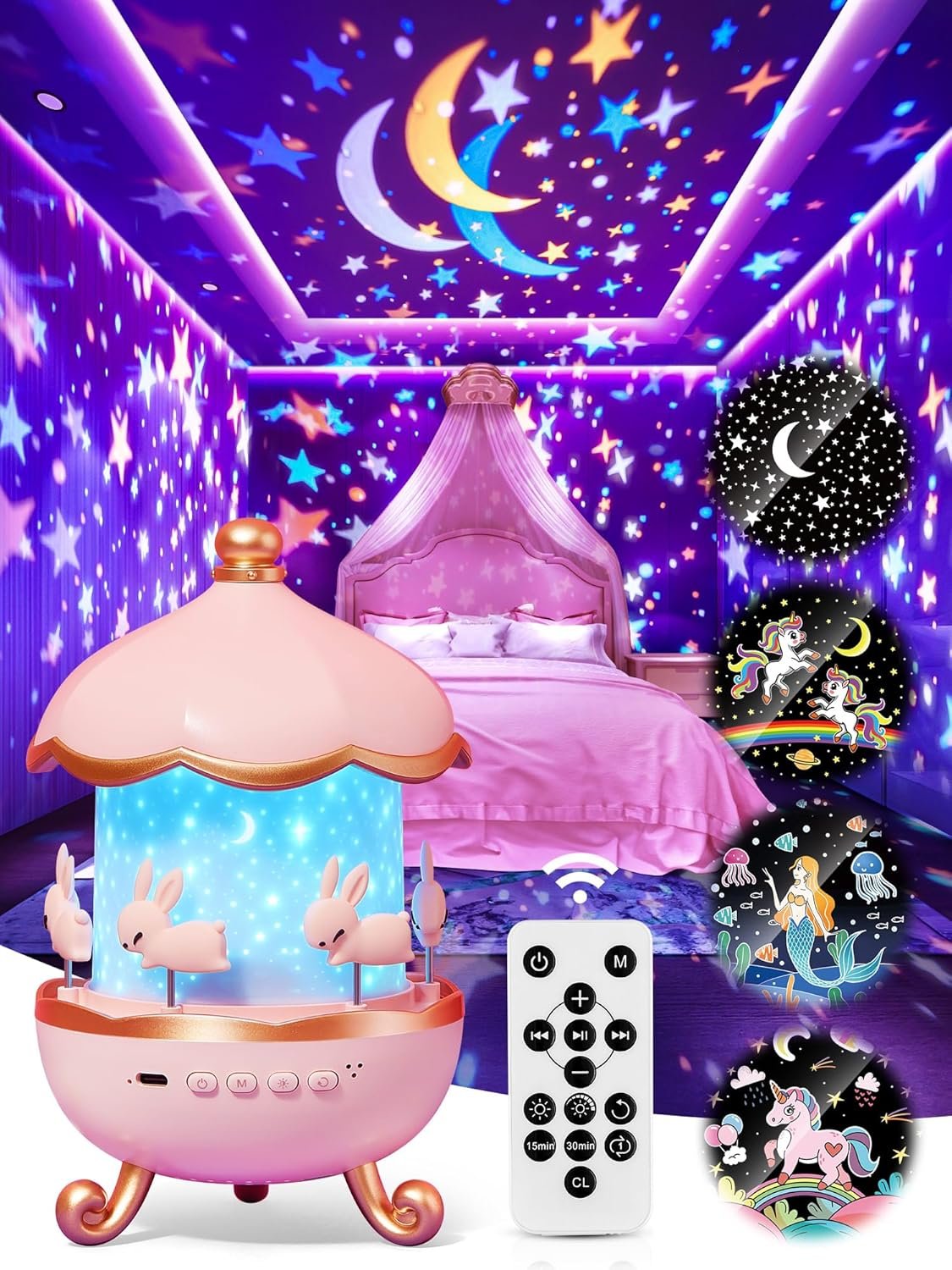 PIKOY Carousel Night Light Projector for Kids with 15 Songs & 15 Films | 21 Lighting Modes (7 Colors x 3 Brightness), Remote Control 360° & 1200mAh – Unicorn Room Decor & Toddler Gifts for Girls