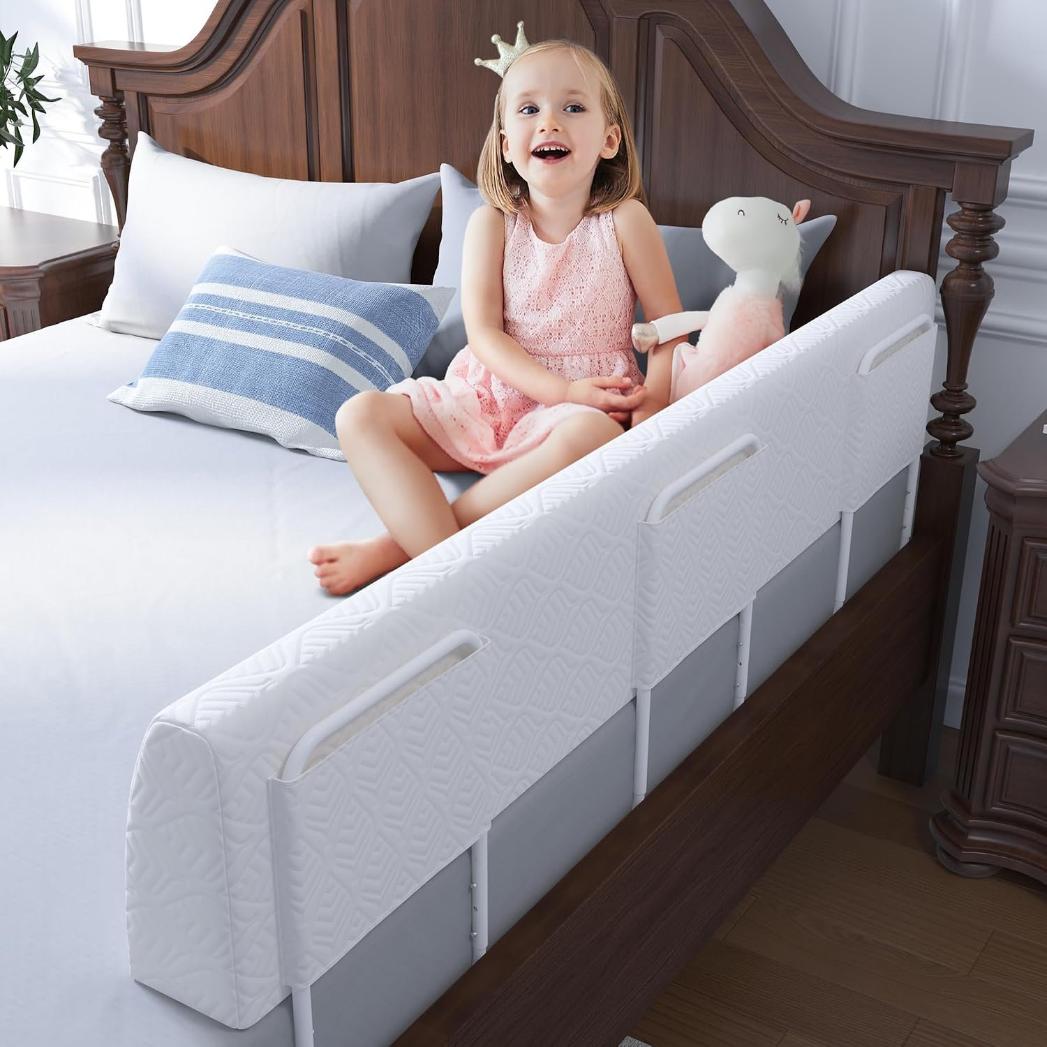 FigTime Bed Bumper for Toddlers, Foam Bed Rail for Toddlers, Toddler Bed Rail Bumper, Soft Safety Bed Guard Rail for Kids, Bed Side Rail for Twin, Full, Queen & King Beds (White, 59″, 3-Bracket)