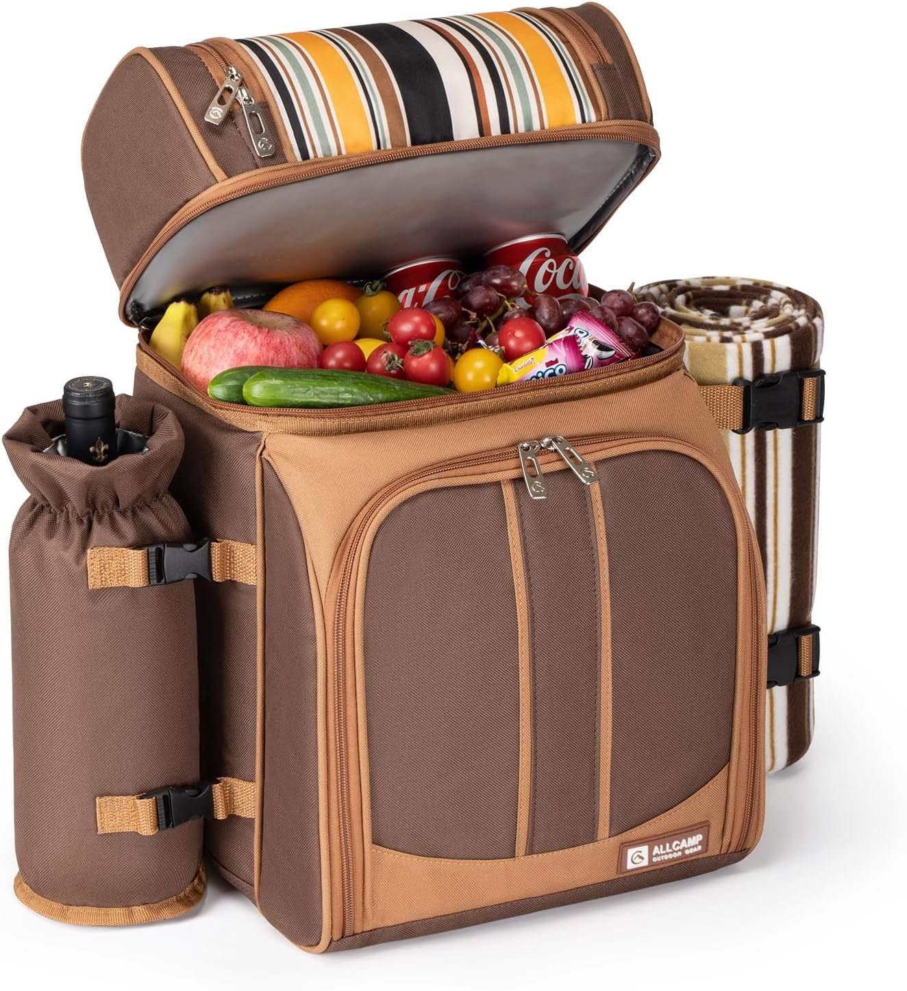 Picnic Backpack, 2-Person Set with Blanket and Wine Holder, Brown Striped | Insulated Compartment, Padded Straps, Oxford Fabric, Couple Gifts, Corporate Gifts, Family, Camping, Beach, Climbing, Parks