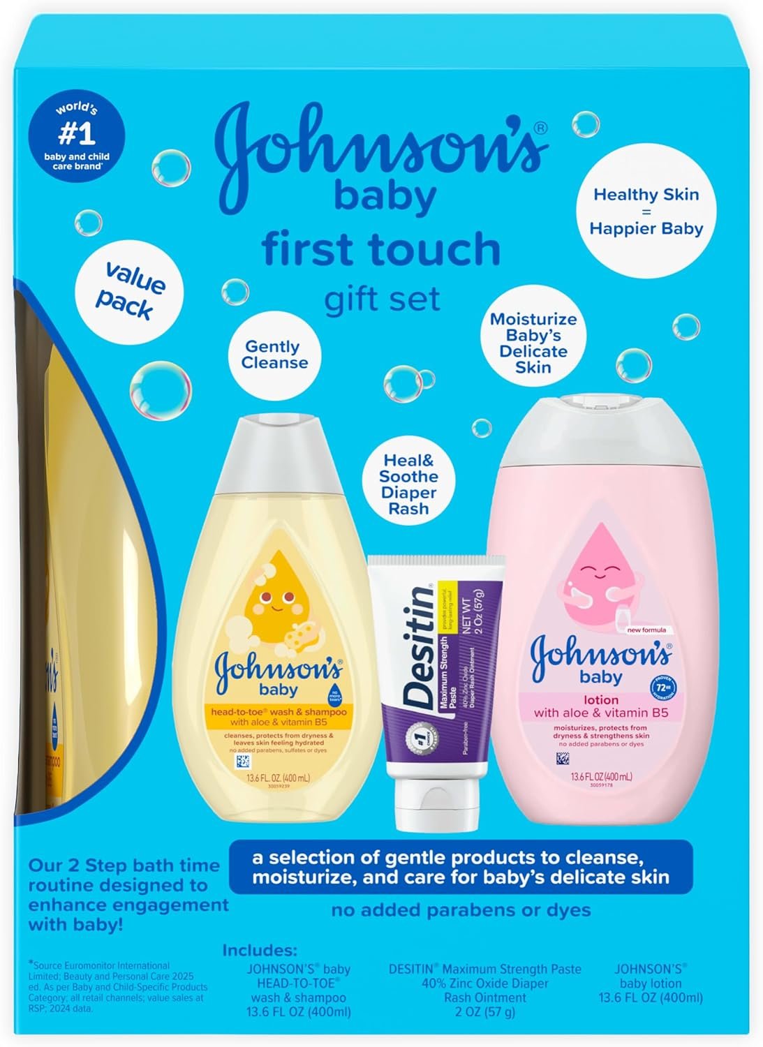 Johnson’s Baby First Touch Baby Essentials Gift Set with Body Wash & Shampoo, Body Lotion, & Zinc Oxide Diaper Rash Paste for Baby’s Delicate Skin, Hypoallergenic, No Added Parabens or Dyes, 3 Items