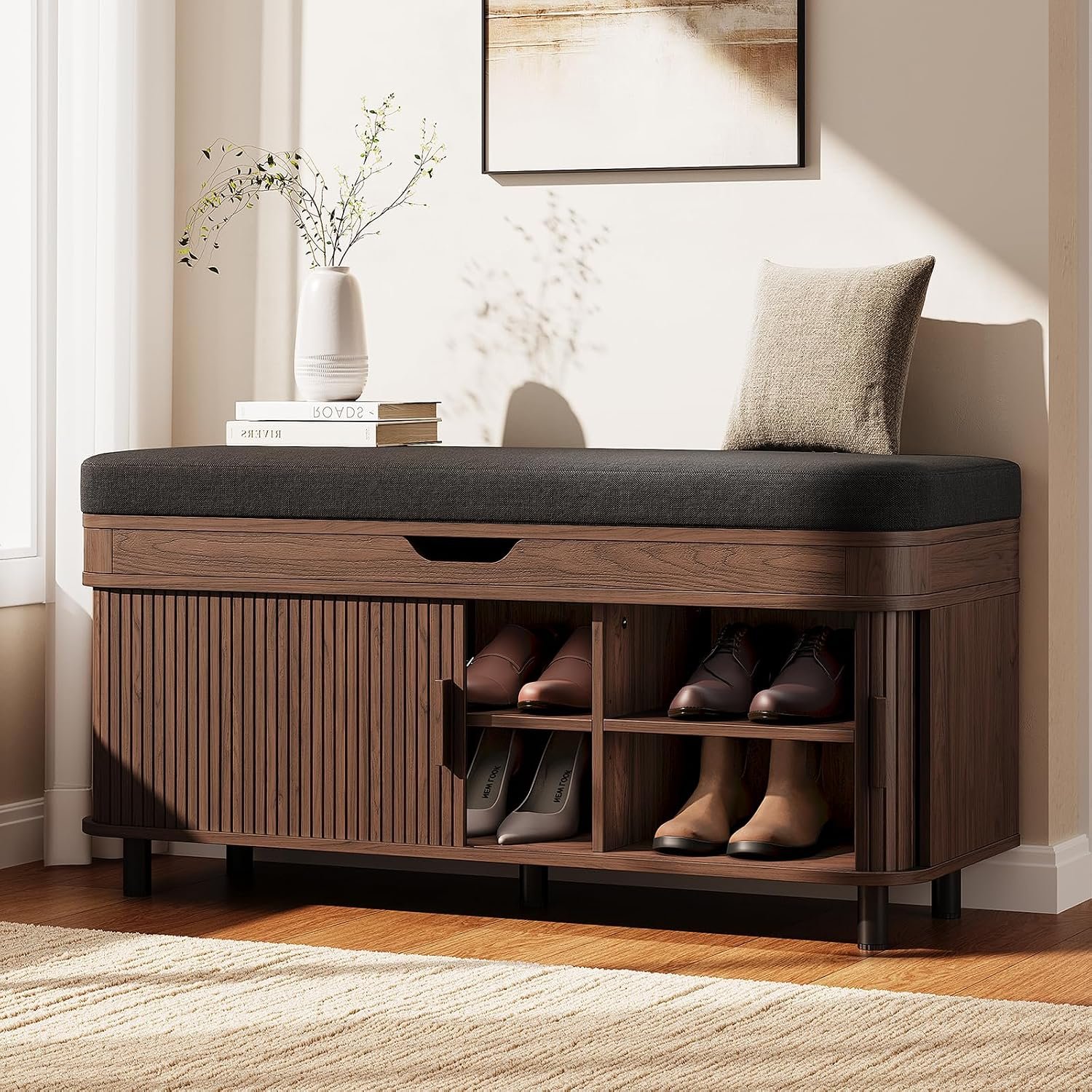 43.3″ Shoe Storage Bench with Lift Top Storage, Entryway Bench with Storage&Cushion, Fluted Shoe Bench with Sliding Doors, Adjustable Shelf, for Entryway, Hallway, Living Room, Walnut