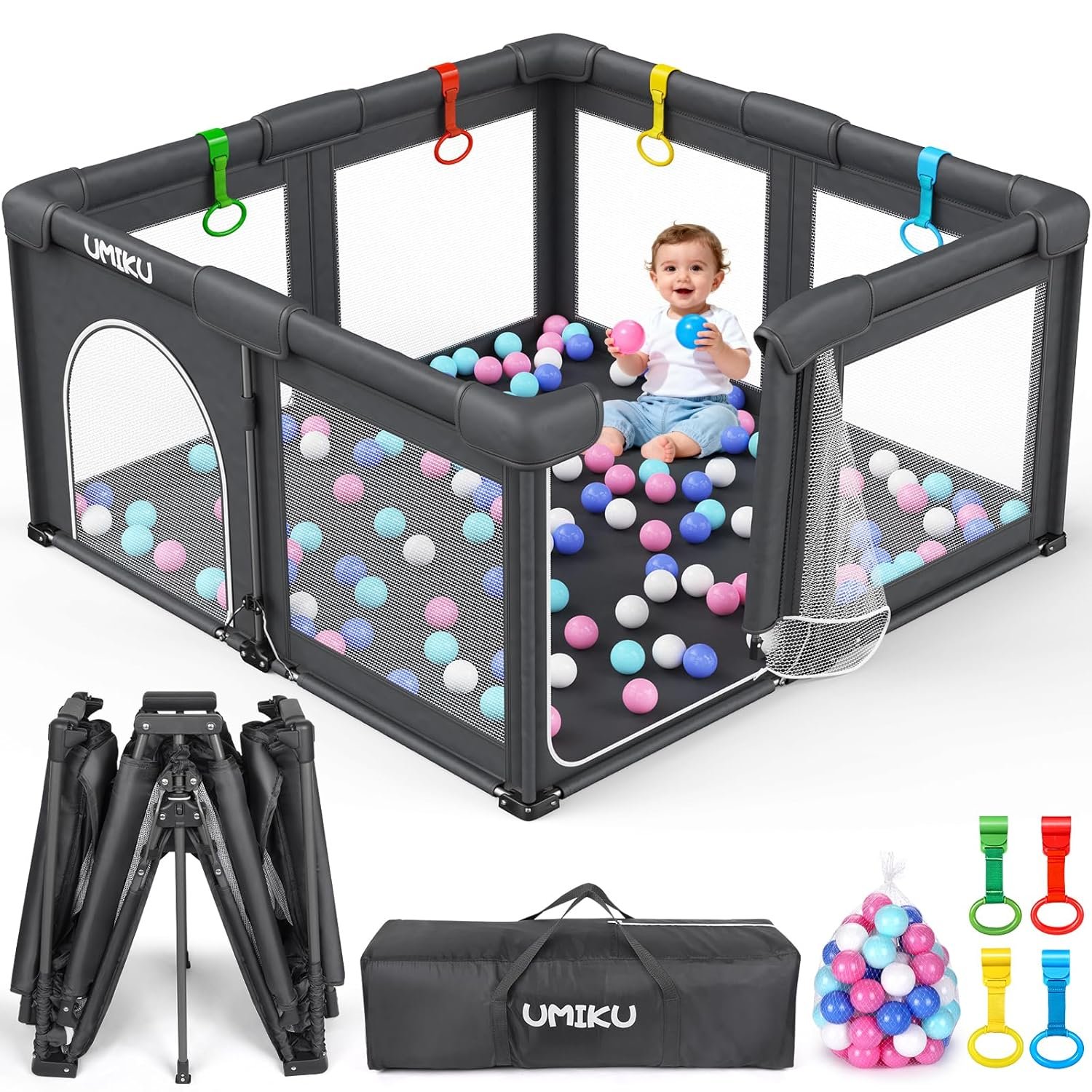 Baby Playpen Foldable Playpen for Babies and Toddlers, Large Playpens Portable Play Pen Play Yard for Kids Fence Indoor Outdoor Travel 4 Handlers 50 Balls Baby Gifts Essentials 50″X50″ Dark Grey