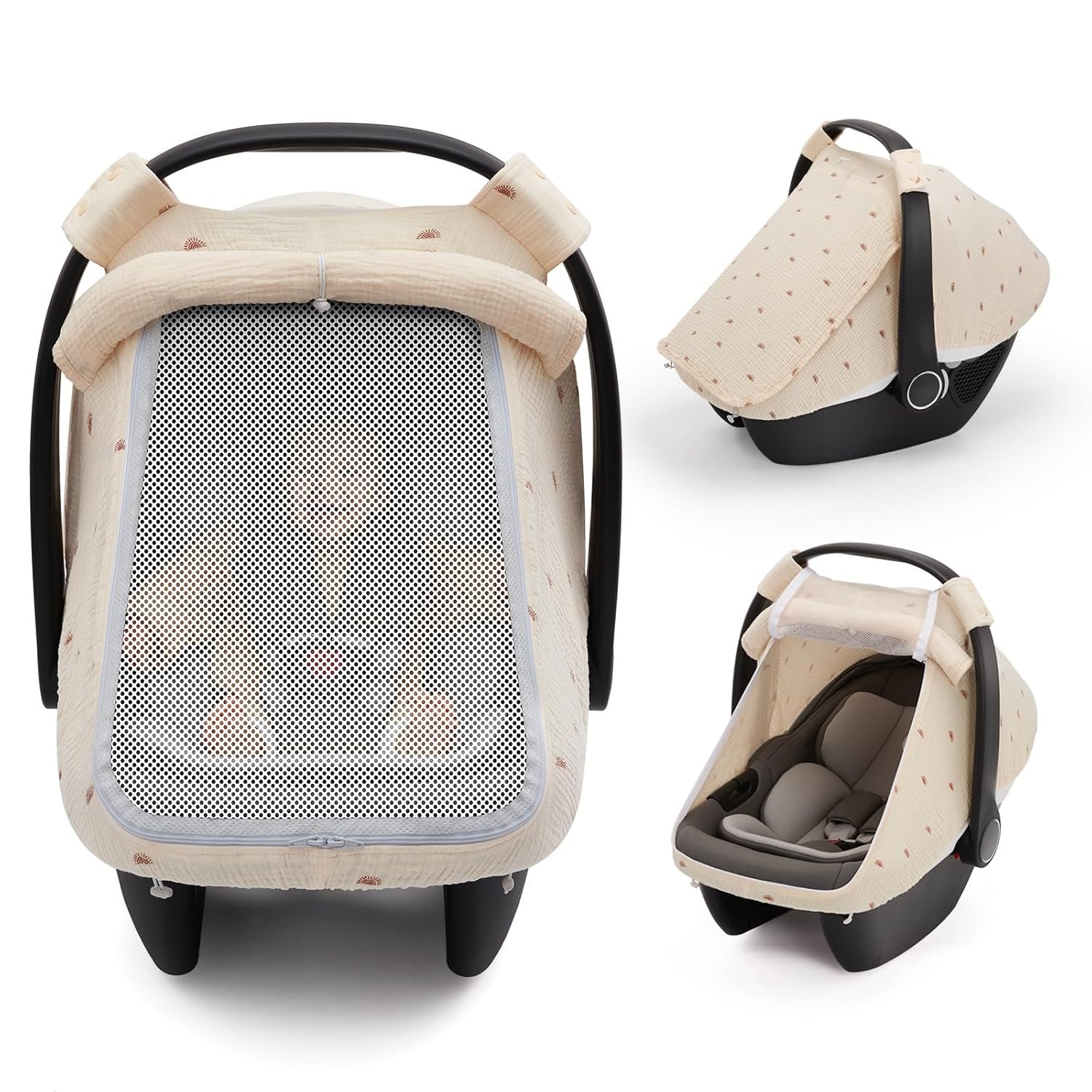 Blissful Diary Baby Car Seat Cover, Extra Large Mesh Window, Breathable Muslin Cotton, Infant Windproof Canopy, Must-Have Baby Gift – Sunshine