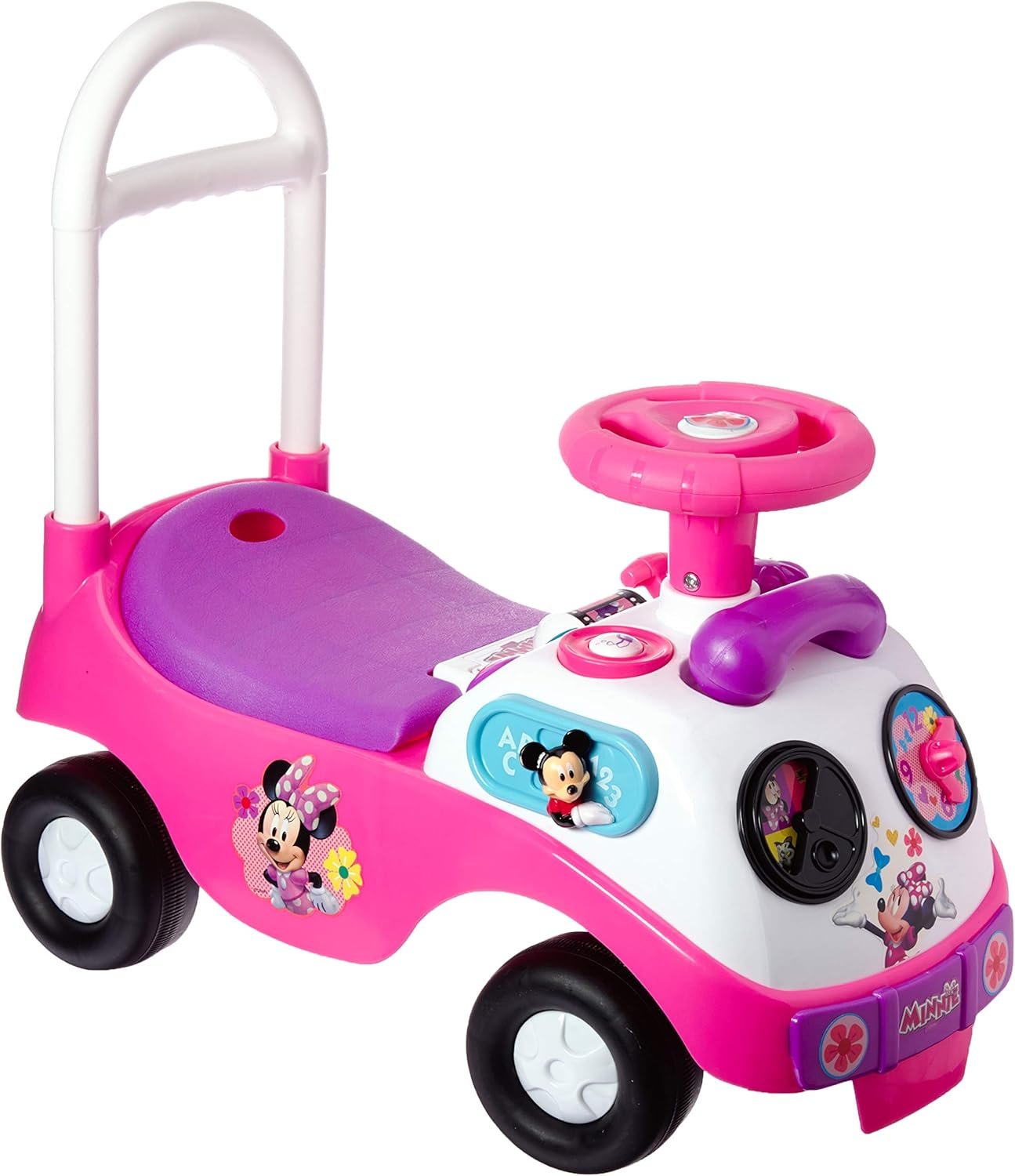 Kiddieland Disney Minnie Mouse My First Activity Ride-On, Toddler Push Car | Foot-to-Floor Scooter for Ages 1–3 with Lights, Sounds, Educational Clock, and Interactive Peekaboo Window. Batteries