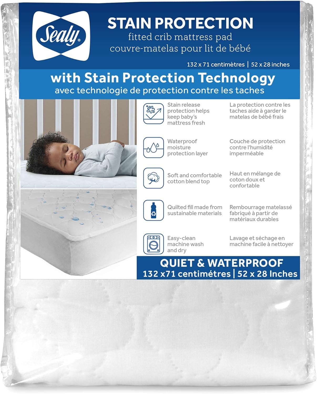 Sealy Baby Crib Mattress Protector – Stain Protection Waterproof Pad, Noiseless Fitted Sheet Cover with Quilted Cotton-Blend Top for Comfort – Machine Washable and Easy Clean, 52×28