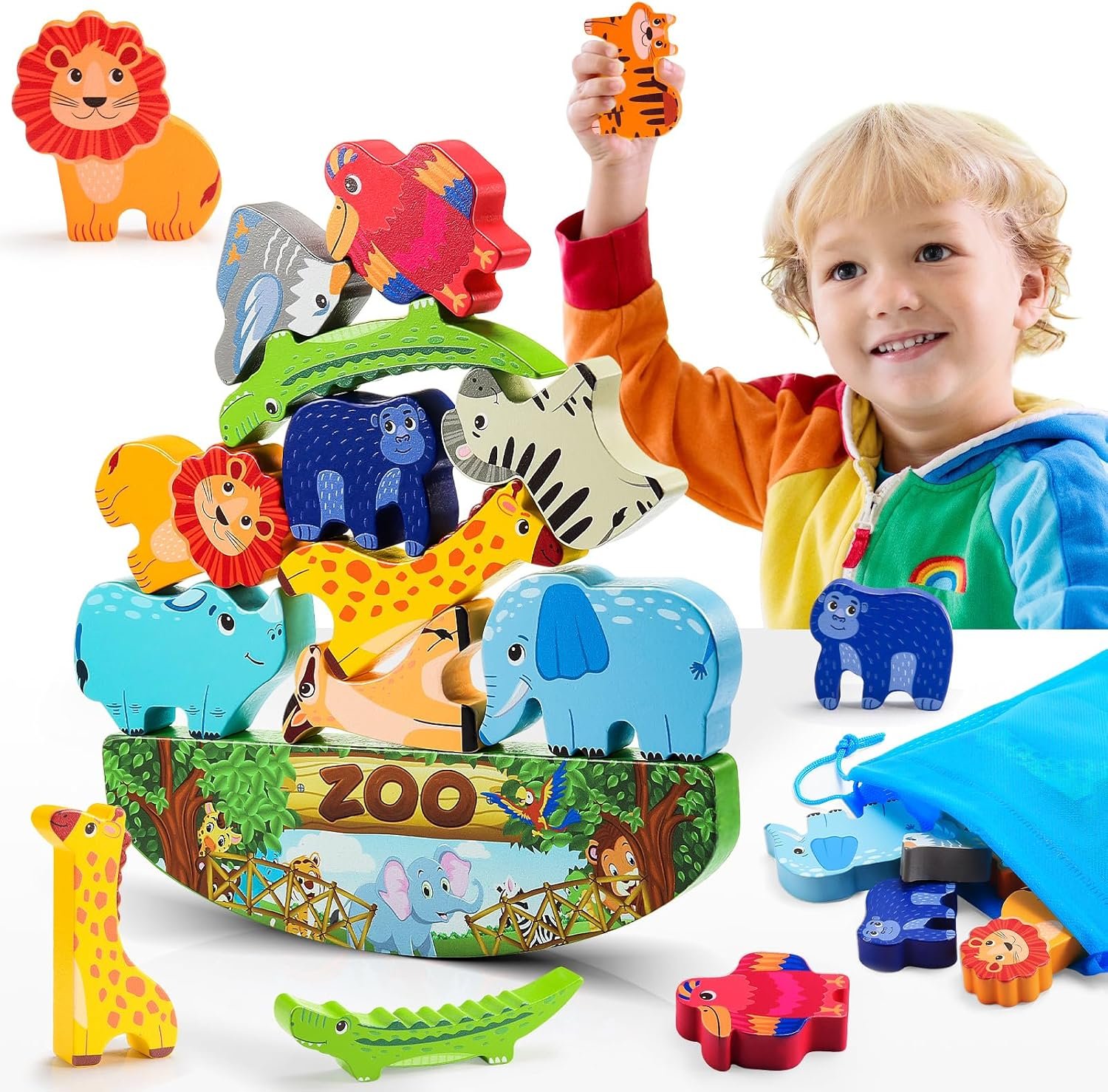 IPOURUP Wooden Animal Blocks Stacking Toy Kids Christmas Birthday Gifts for Boy Girl Age 3-7 Animals Montessori Toddler Toys 3 4 5 6 7 8 Year Old Boys Girls Educational Toys Fine Motor Balance Game