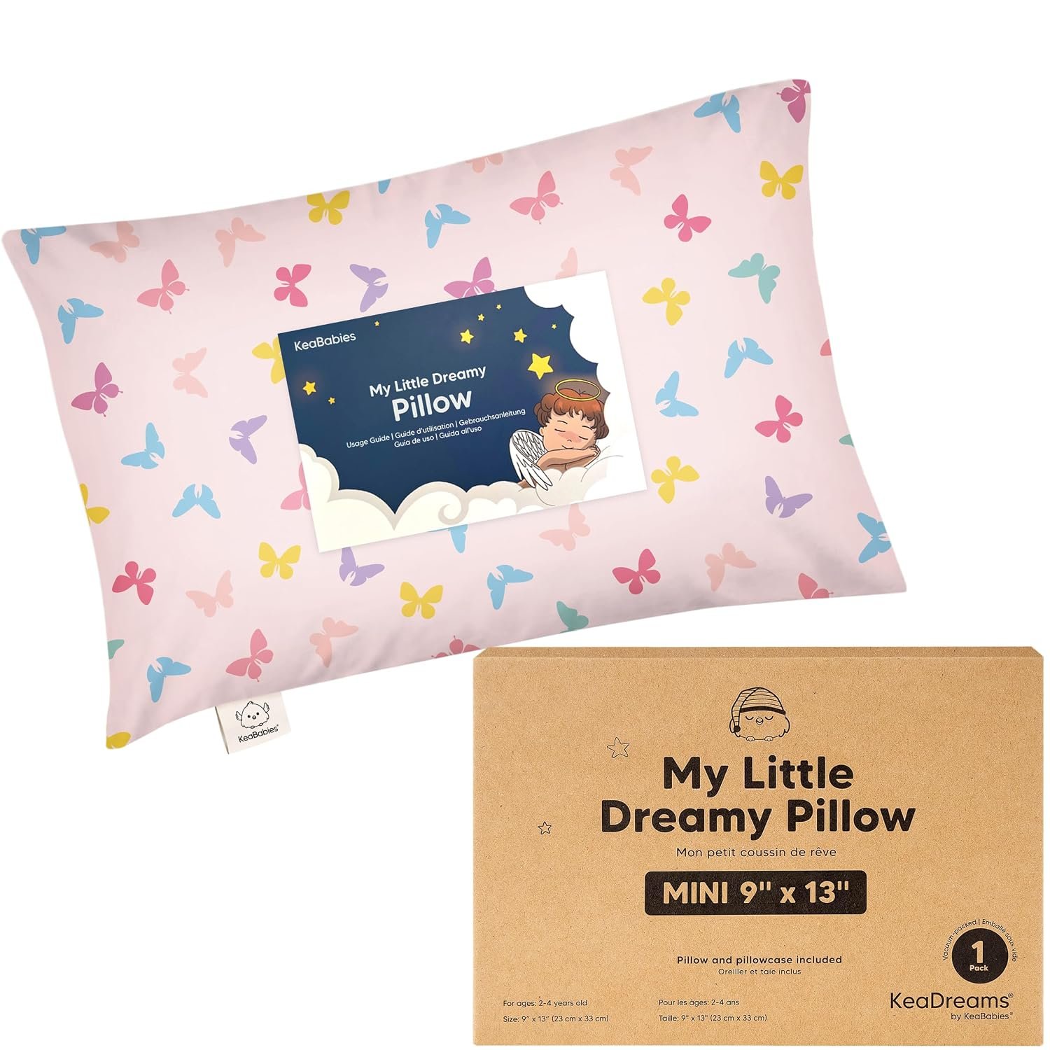Mini Toddler Pillow with Pillowcase, 9×13 My Little Dreamy Pillow (Flutter) | Kids Pillow for Sleeping, Travel Bed Pillow, Organic Cotton Small Pillowcase, Soft Breathable, Machine Washable, Toddlers 2-5