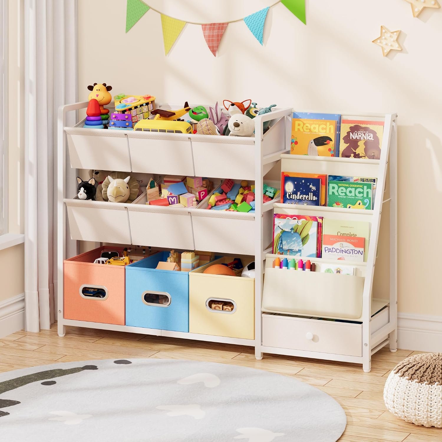 Toy Storage Organizer – Kids Bookshelf with 3 Shelf and 10 Storage Bins | Montessori Playroom Storage for Toddler, Baby, book shelf for kids rooms