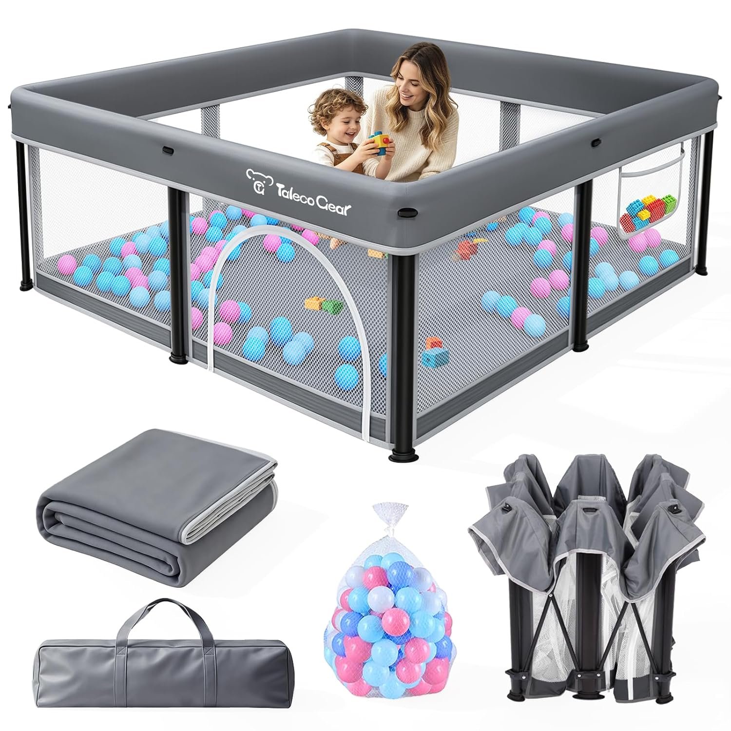 TOREVSIOR Foldable Baby Playpen with Mat, 50″×50″ Collapsible Play Pen for Babies and Toddlers, Indoor & Outdoor Kids Safety Play Pen, Portable Play Yard, Foldable Baby Playpen with 50 Ocean Balls