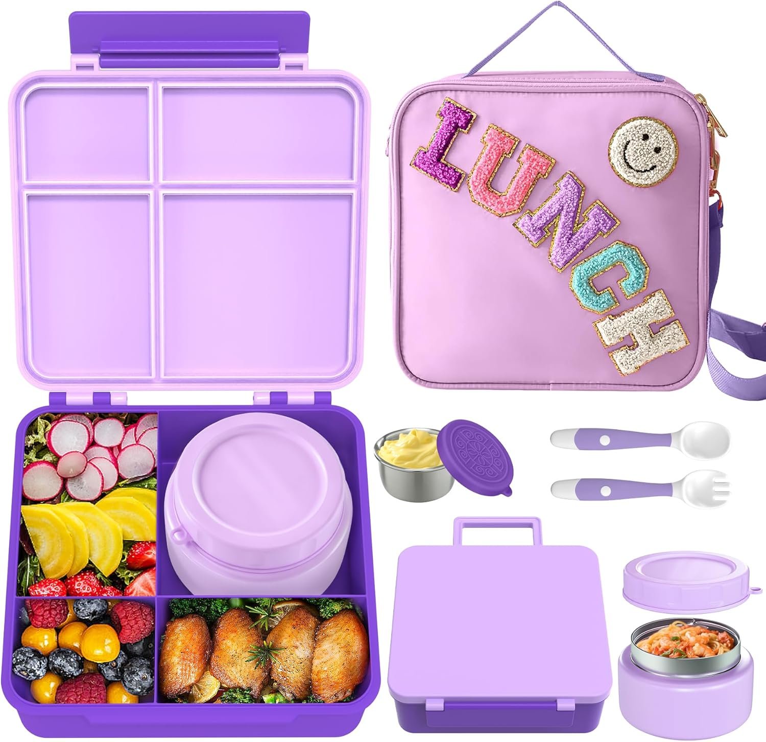 Aimsnk Lunch Box Kids with Thermo Insulated Lunch Bag for School, Purple | Bento Lunch Box for Kids with 8oz Food Jar, Leak Proof Hot Lunch Containers with 4 Compartment, Warm Lunchbox for Toddler