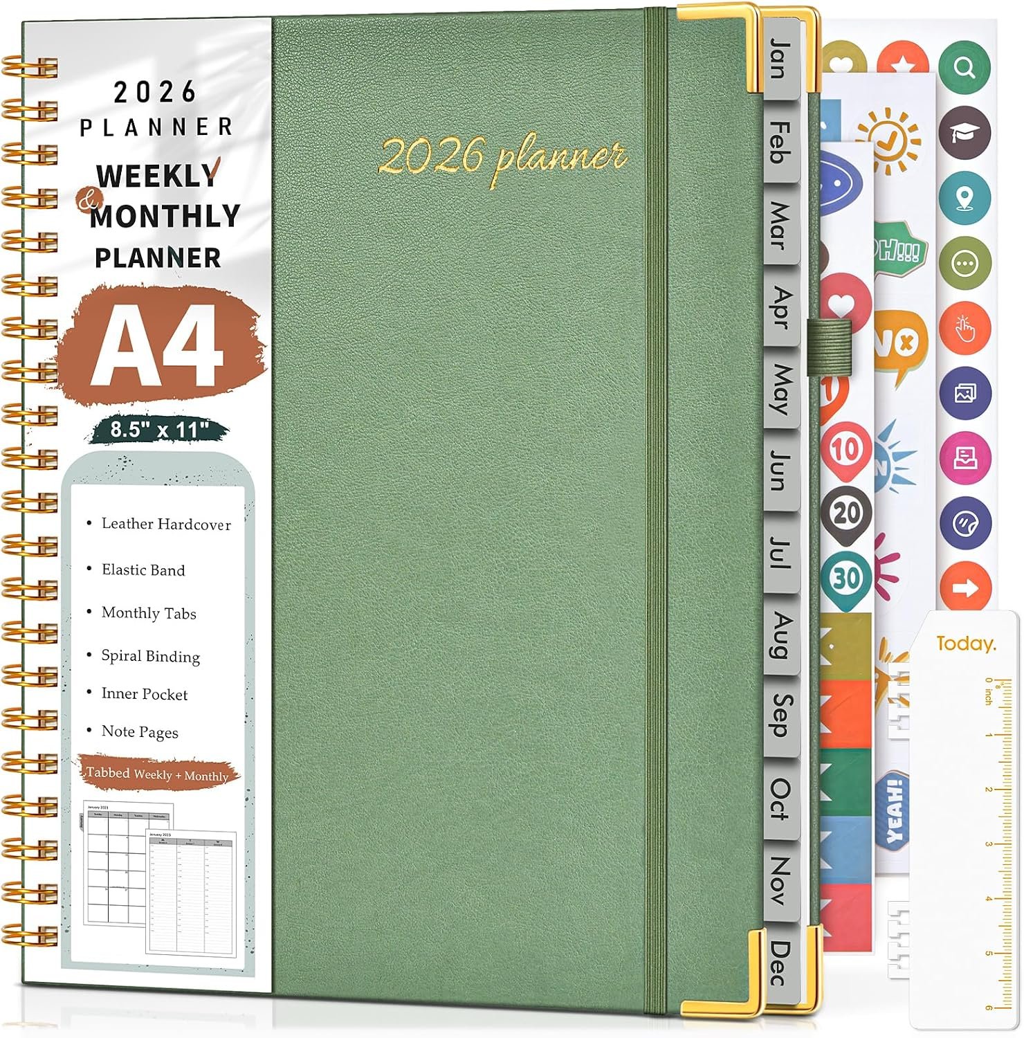 2026 Planner, Weekly and Monthly Calendar Planner from January 2026 – December 2026, 8.5″ x 11″ Hardcover Leather Hourly Appointment Book with Tabs, Spiral Daily Planners for School Work Home, Green