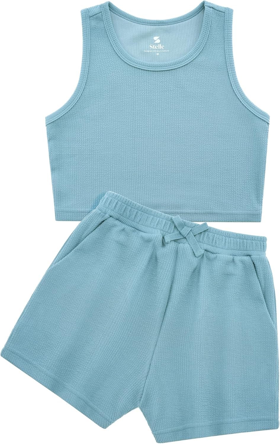Stelle Girls 2 Piece Outfits Tank Top and Shorts with Pockets 5-15 Years | Girls Ribbed Crop Tops,Scoop Neck,Sleeveless shirts,Elastic Waist Shorts,Bow Waist,Side Pockets