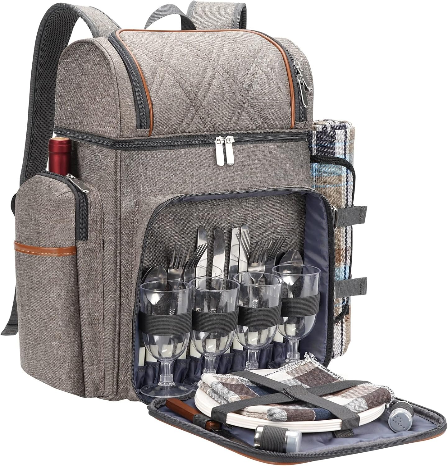 Picnic Backpack for 4, Insulated Cooler Bag with Blanket, BrushedKhaki | Backpack Picnic Basket with Leakproof Double-Deck Design, Includes Wine Pouch, Ideal for Beach Camping Park Outdoor Picnic