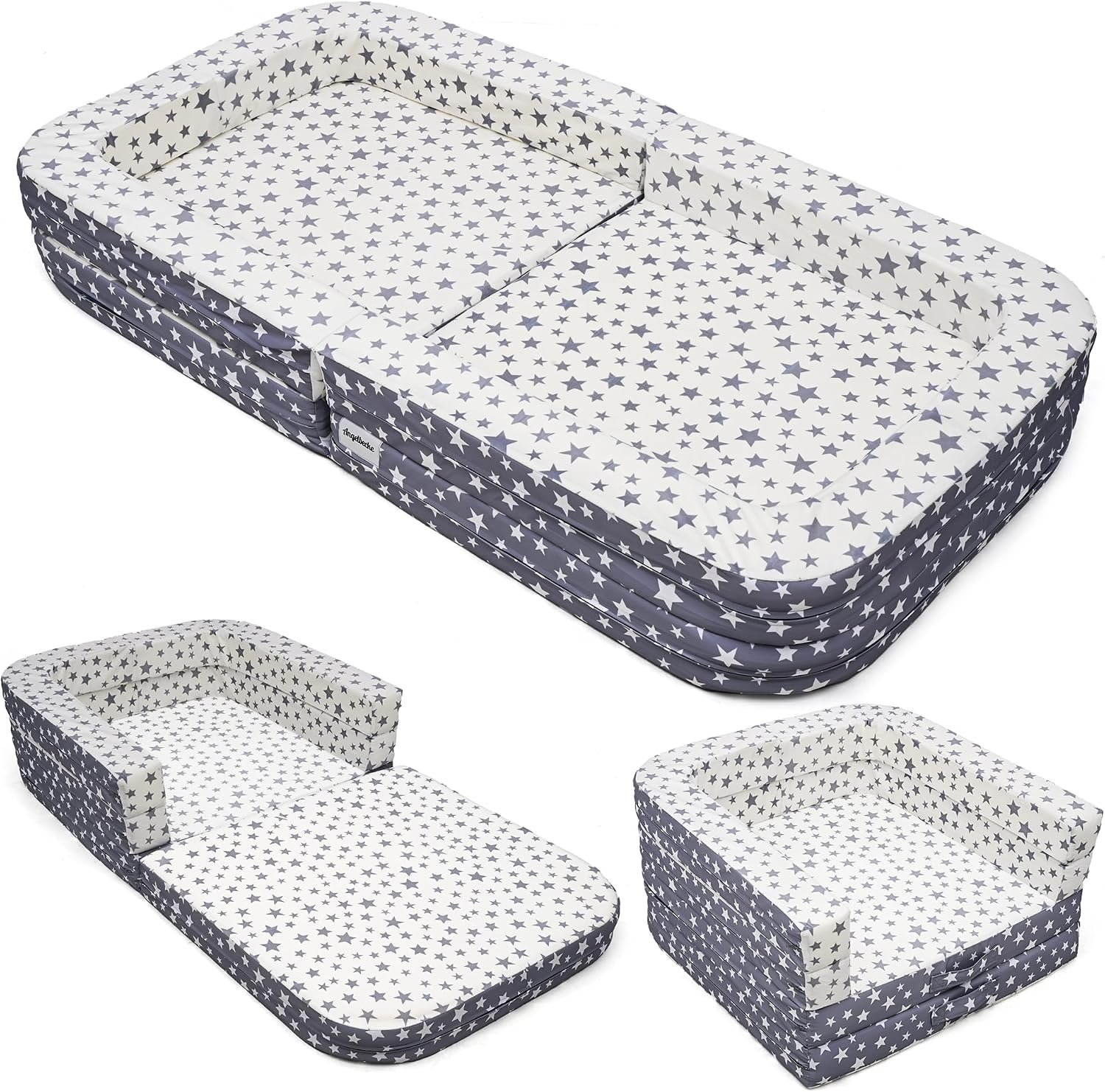Toddler Travel Bed & Sofa, Portable Foldable Kids Play Mat,3-in-1, Lightweight Star Print Oxford Cot, 60″x30″ Easy Carry Bed for Travel