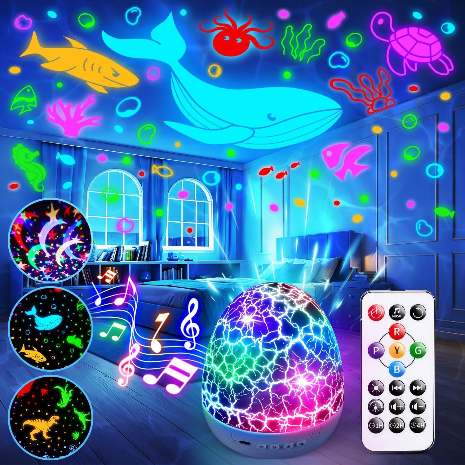 Staryou Dinosaur Egg Sensory Lights Baby Sound Machine Night Light Projector Sensory Toys for Kids with Autism 15 White Noise 3D Films 31Colors Night Light for Kids Baby Toys for Boys Calming Corner