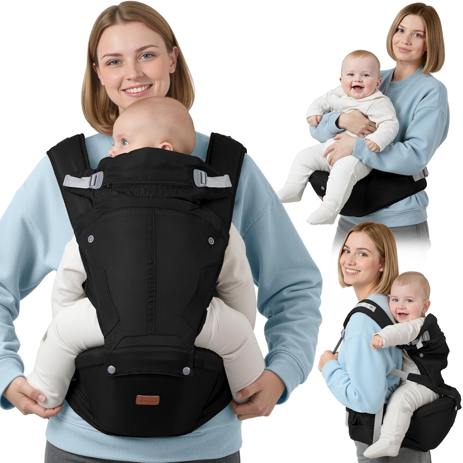 BabbleRoo 6-in-1 Baby Carrier with Hip Seat, Ergonomic Newborn to Toddler Carrier 7–50 lbs, Front Back Hip Carry, Lumbar Support, Sun Hood, Safety-Certified, Black