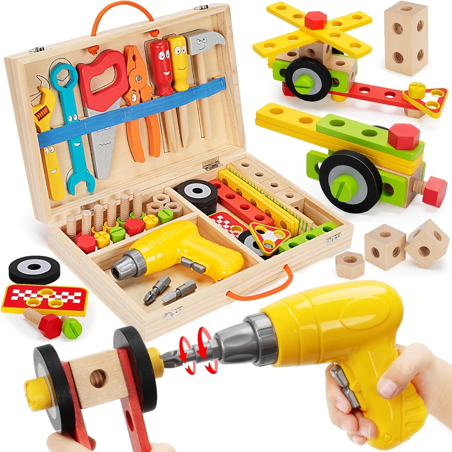 Kids Tool Set Toy with Drill, Stem Montessori Toys for 3 4 5 Years Old Boy Girl, 44 Pcs Wooden Toddler Tool Kits Inc Box, Learning Educational Construction Toy | Toy Tools for Toddlers 3-5 with Drill, Bolts and Wheels in a Portable Wooden Box for Pretend Building and Fine Motor Skills