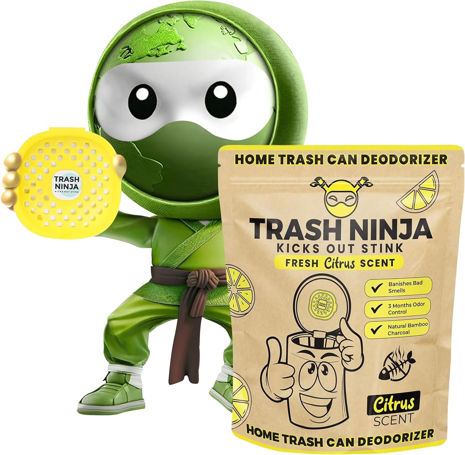 Trash Ninja Trash Odor Eliminator – Long-Lasting Citrus Scent Deodorizer with Activated Charcoal, Stick-On Freshener for Garbage Can, Fridge, Bathroom, Kitchen, and Diaper Pail Odors