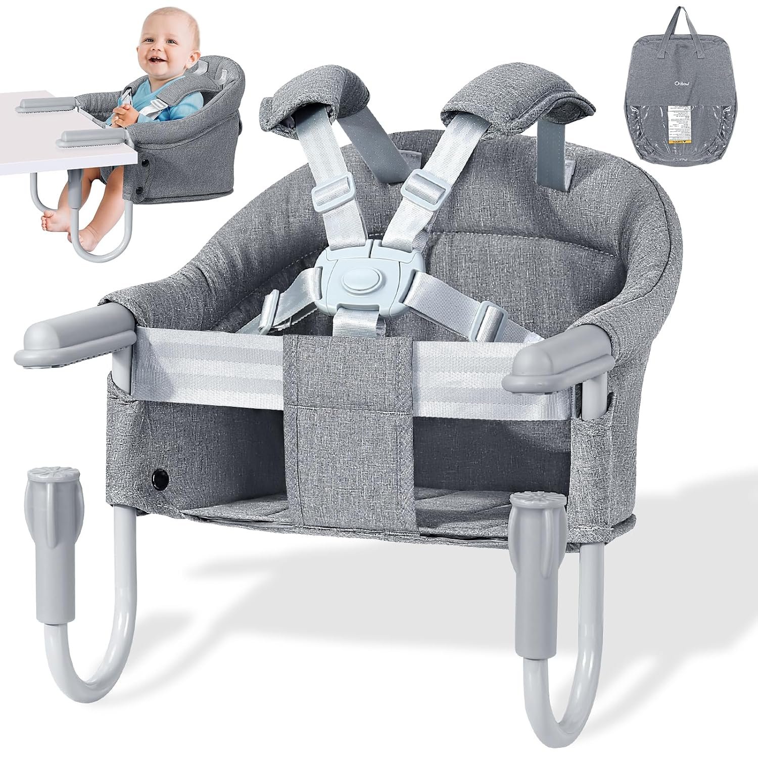 Orzbow Hook On High Chair, Portable Table Highchair Seat for Babies & Toddlers 6-36 Months, Collapsible Clip On Counter High Chair with Carry Bag for Travel, Home and Restaurant, Easy Clean, Gray | ﻿ Portable Table Highchair Seat , Collapsible Clip On Counter High Chair with Carry Bag for Travel, Home and Restaurant