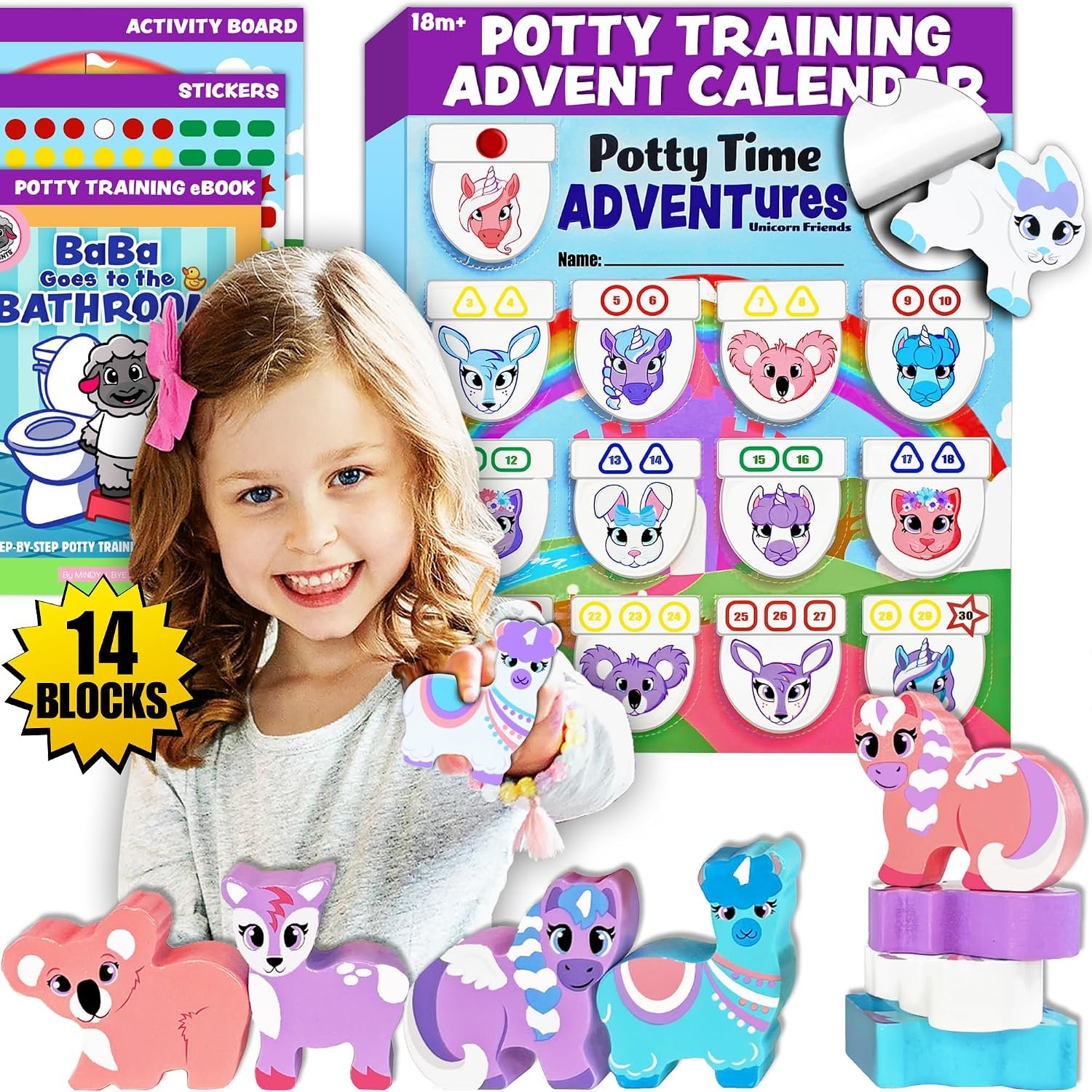 Potty Training Reward System – 14PC Wooden Stacking Blocks with Unicorn Themed, Montessori Behavior System Advent Calendar for Toddlers 18M+ Boys Girls by Lil Advents