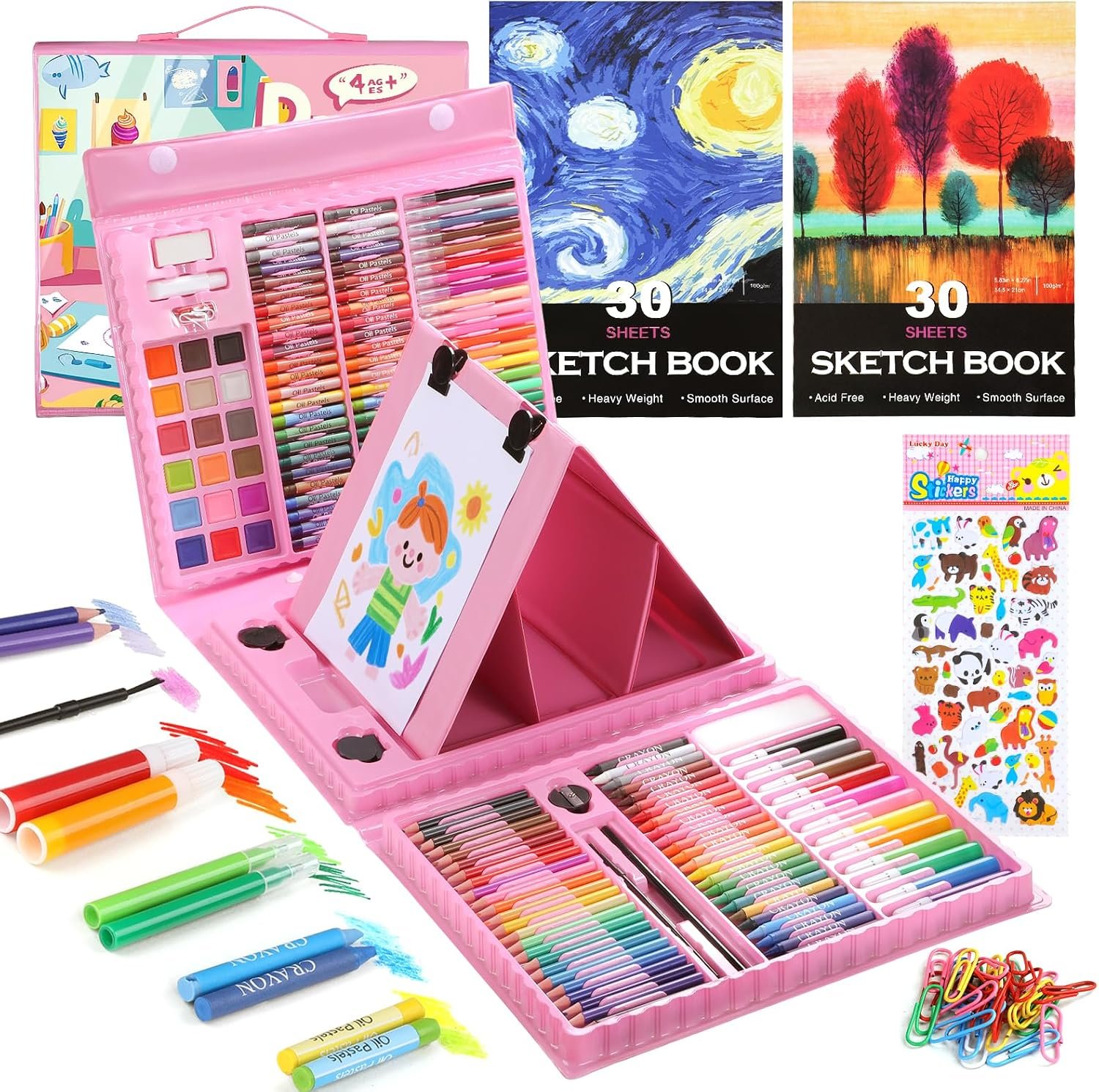 TMOL 237-Piece Kids Art Set with Double-Sided Easel, Watercolor, Oil Pastels, Painting Kits for Kids Ages 4-8, Art Supplies for Girls & Boys, Drawing Sets, Gift for Young Artists-Pink