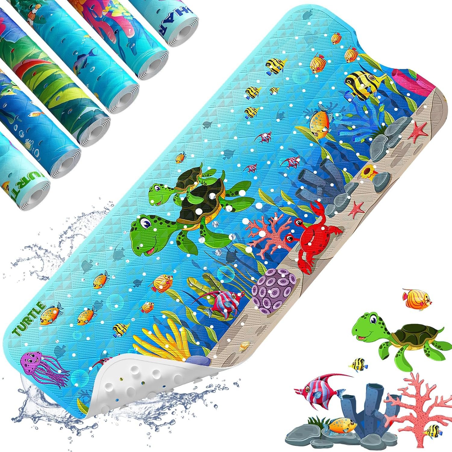 XIYUNTE Baby Bath Mat for Tub Non Slip, BPA Free Extra Long Bathtub Mat Non Slip 40×16 with Drain Holes and 200 Suction Cups, Non Toxic Machine Washable Bath tub mat, EU Certified, Sea Turtle