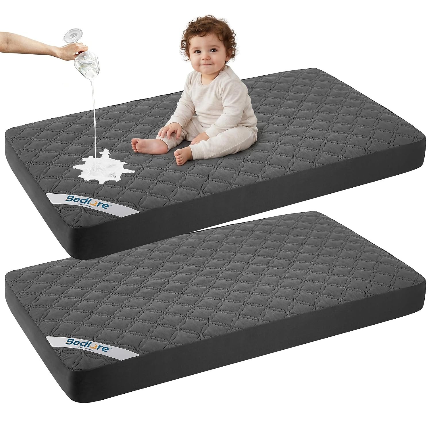 BEDLORE Waterproof Mattress Protector Crib, 2 Pack Soft Gray Mattress Pad, Noiseless Machine Washable Mattress Cover, Ultimate Protection for Your Baby’s Crib Toddler Bed (52”x28”)