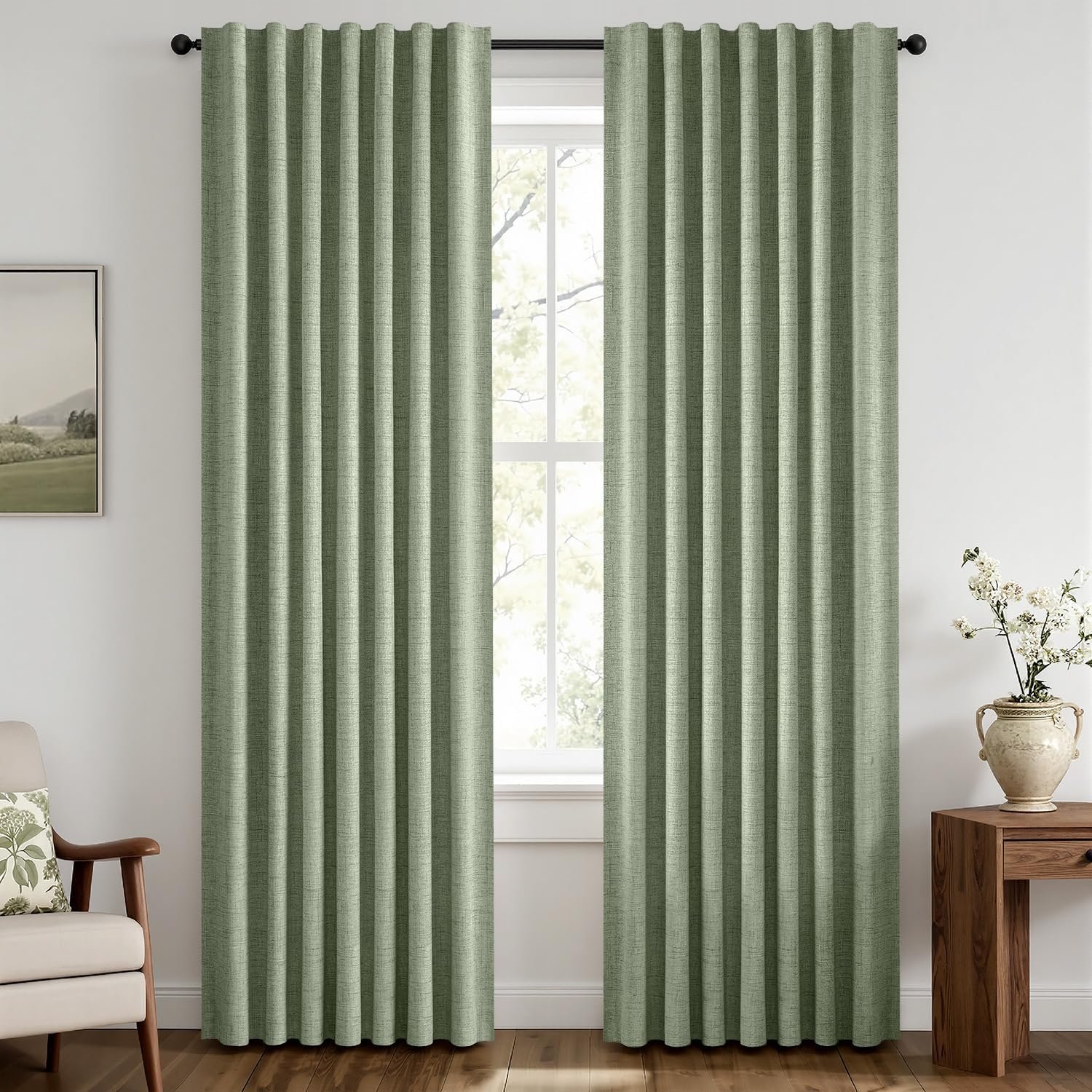 MIULEE 100% Blackout Linen Curtains 42 x 84 Inch Sage Green 2 Panels | Thermal Insulated, Room Darkening Drapes for Bedroom Living Room, Back Tab Rod Pocket Pinch Pleated, Solid Luxury Decor