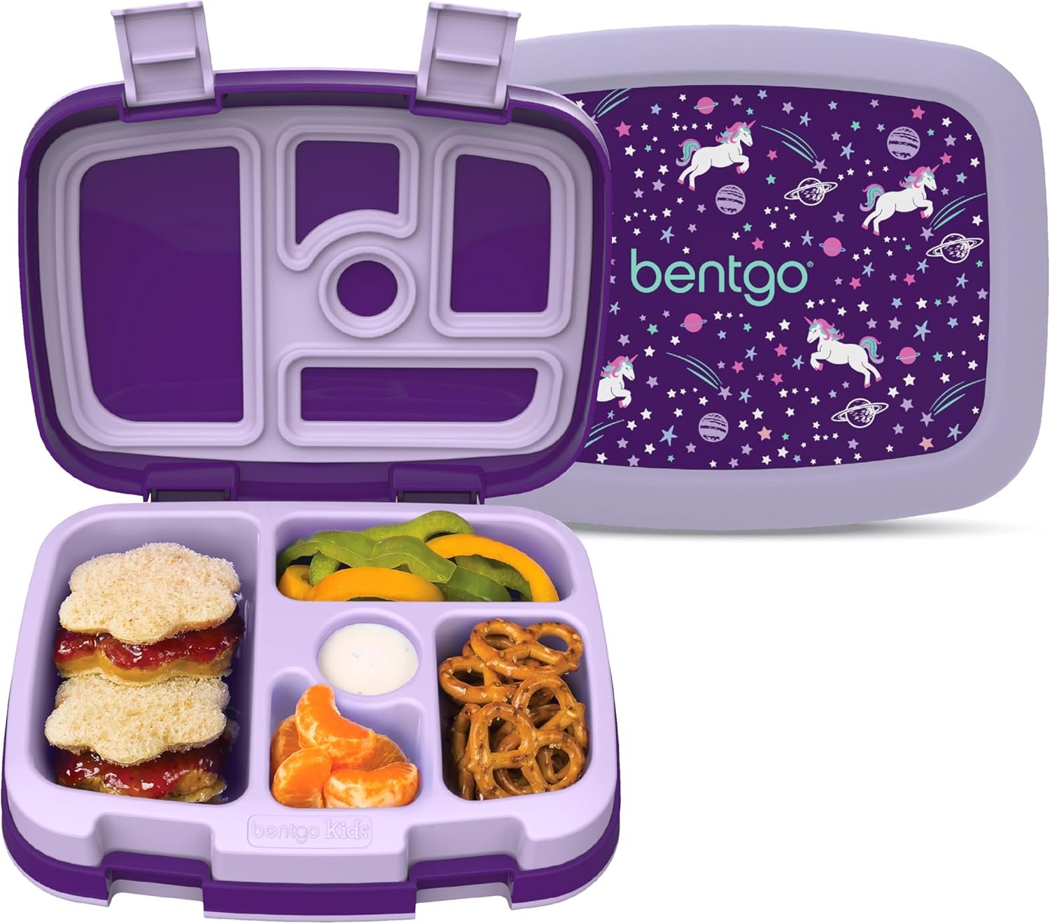 Bentgo Kids Prints Leak-Proof 5-Compartment Bento-Style Kids Lunch Box | Ideal Portion Sizes for Ages 3-7, Durable, Drop-Proof, Dishwasher Safe, PFAS & BPA-Free Materials (Unicorn)