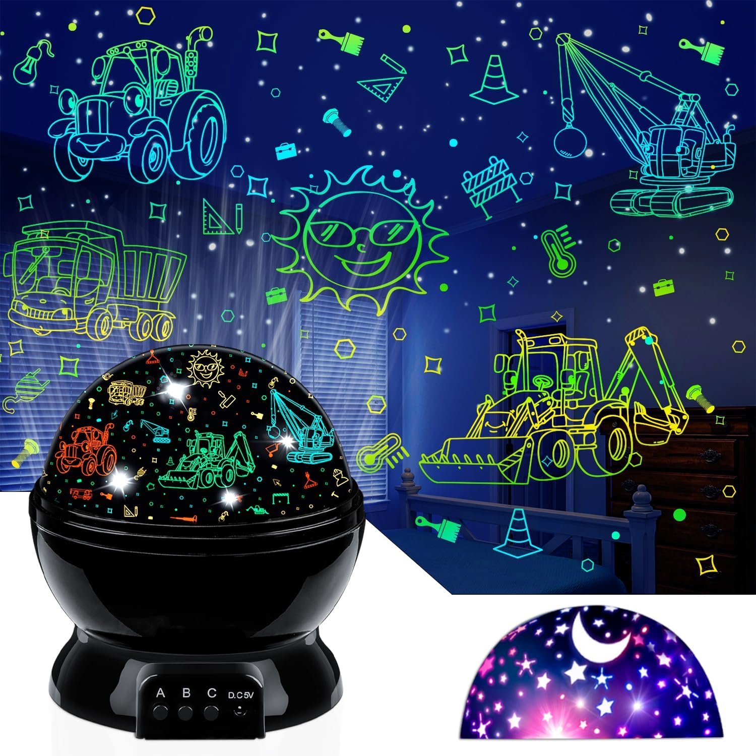 Kids Night Light Projector for Boys, Cars Nightlight and Star Projector Lamp, 360° Rotating Ceiling Light, Car Truck Night Light for Bedroom, Kids Sensory Toys Birthday Gifts for Boys Age 3-7