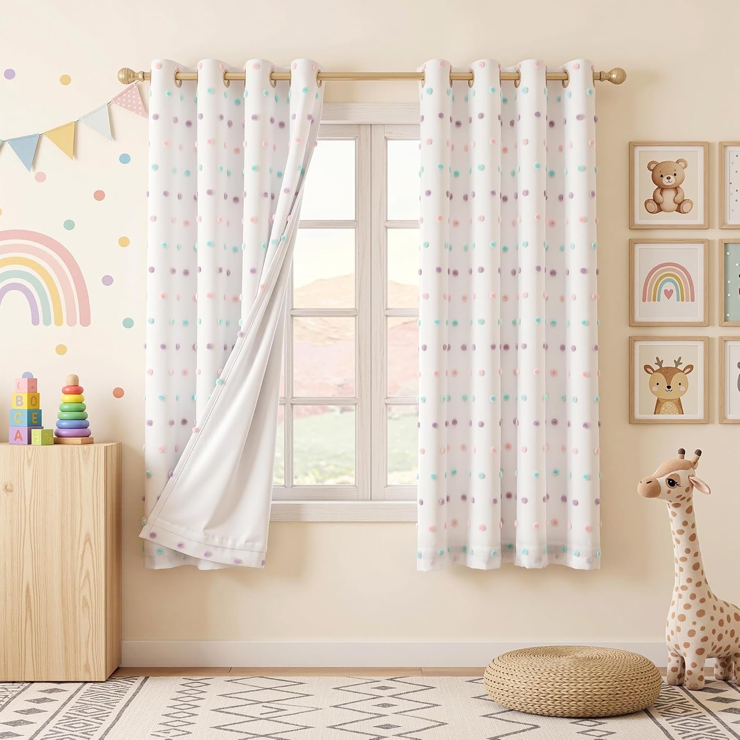 MEETSKY Kids Blackout Curtains for Girls Bedroom 63 Inches Nursery Curtains with Rainbow Pom Pom Sheer Room Darkening Window Drapes for Living Room Grommet Set of 2, 52″ W x 63″ L