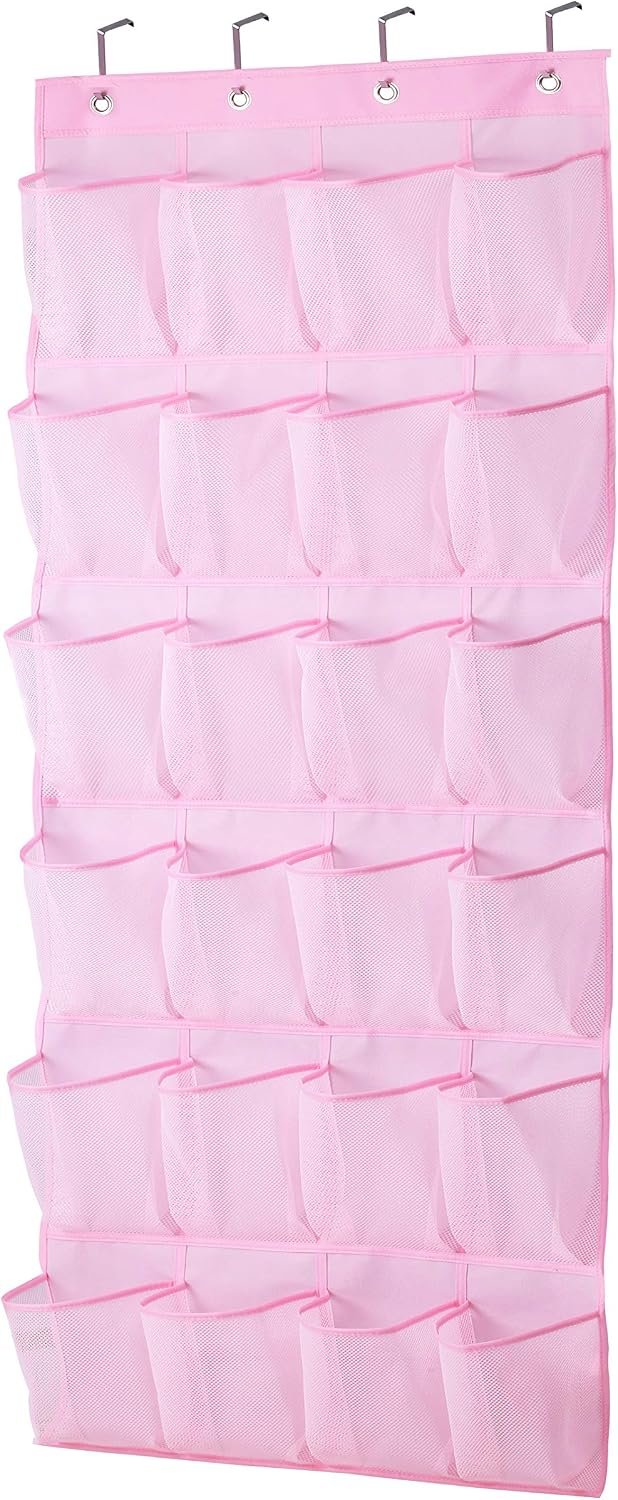 MISSLO Over The Door Shoe Organizer 24 Large Mesh Pockets (Pink)
