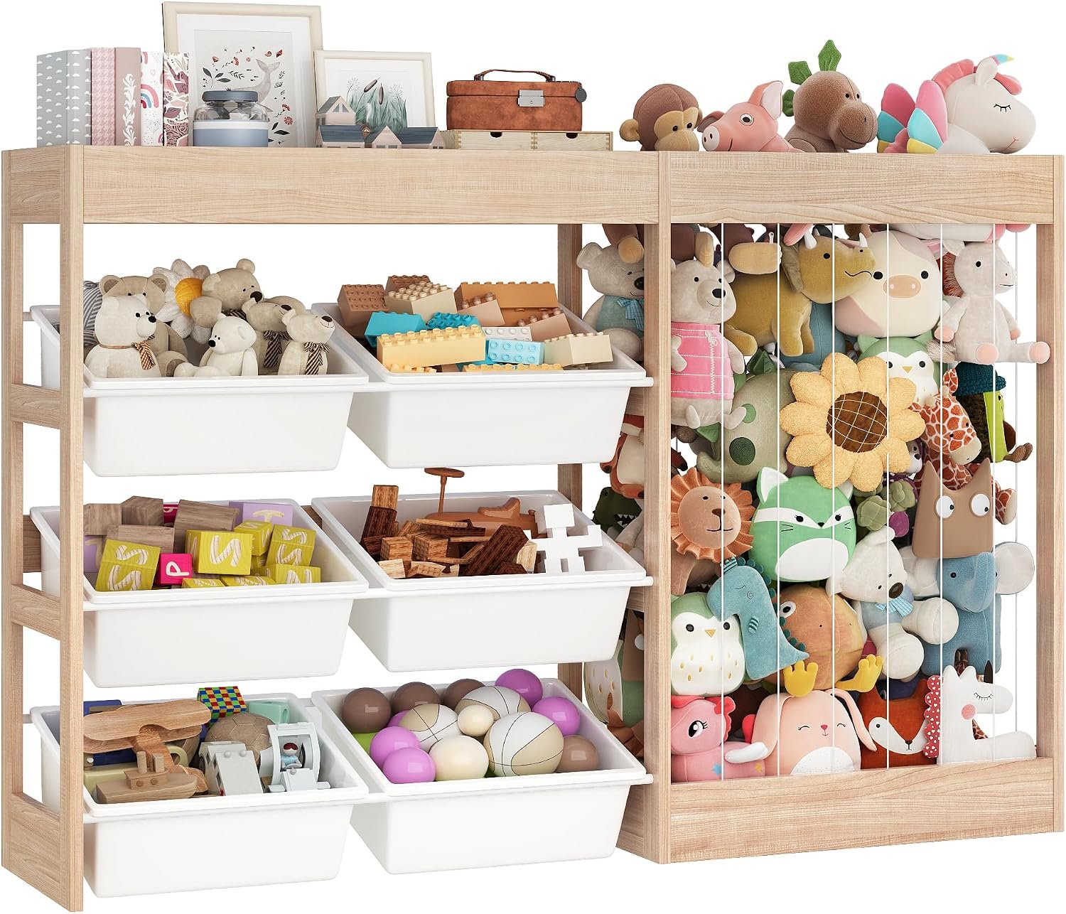 50.6″ W Toy Storage, Large Kids Toy Organizer with 153L Stuffed Animal Zoo, 6 Removable Plastic Bins and Open Top Compartment, Wooden Toddler Cabinet for Girls Boys Playroom, Nursery