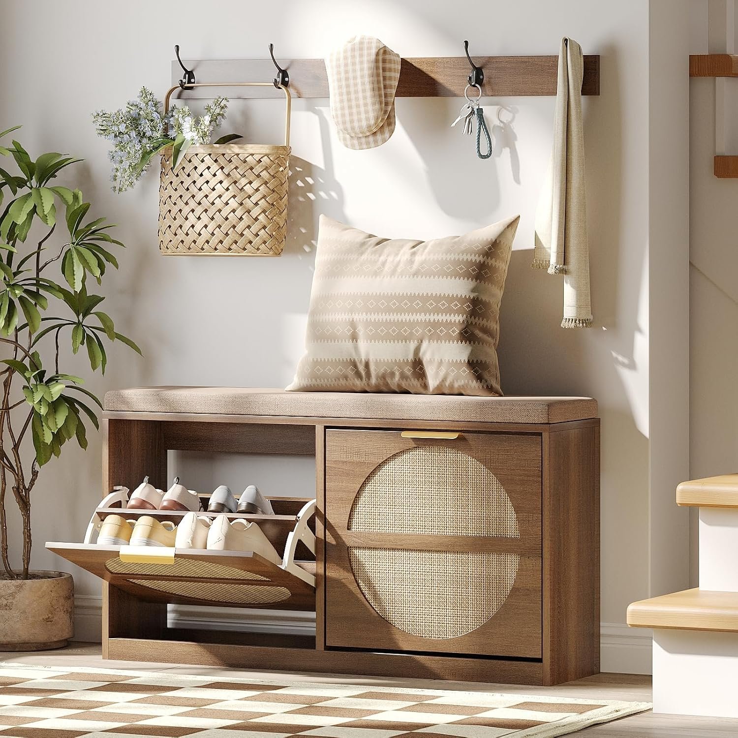 Maupvit Rattan Entryway Bench with Seat Cushion & Coat Rack, Shoe Storage Cabinet with 2 Flip Drawers, Narrow Shoe Rack, 5 Sturdy Metal Hooks, Rustic Oak Rattan
