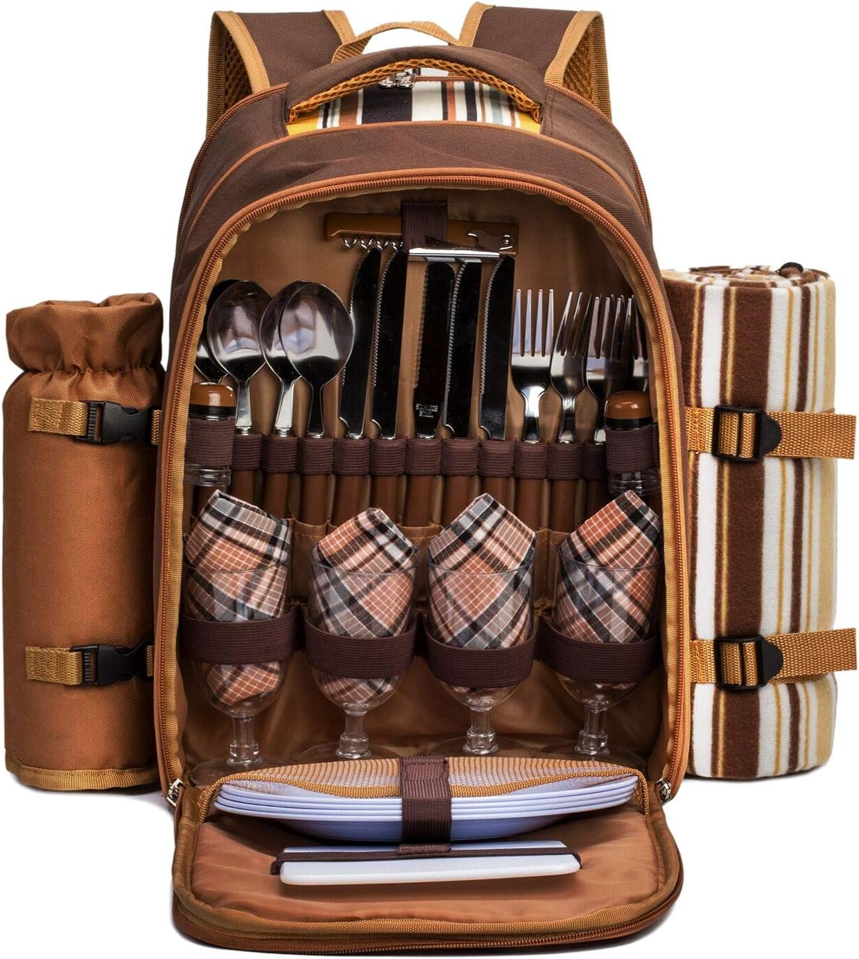 Picnic Backpack, 4-Person with Blanket & Wine, Family & Lovers Gift, Brown | Insulated Compartment, Padded Straps, Couple Gifts, Corporate Gifts, Family, Camping, Beach, Climbing, Parks