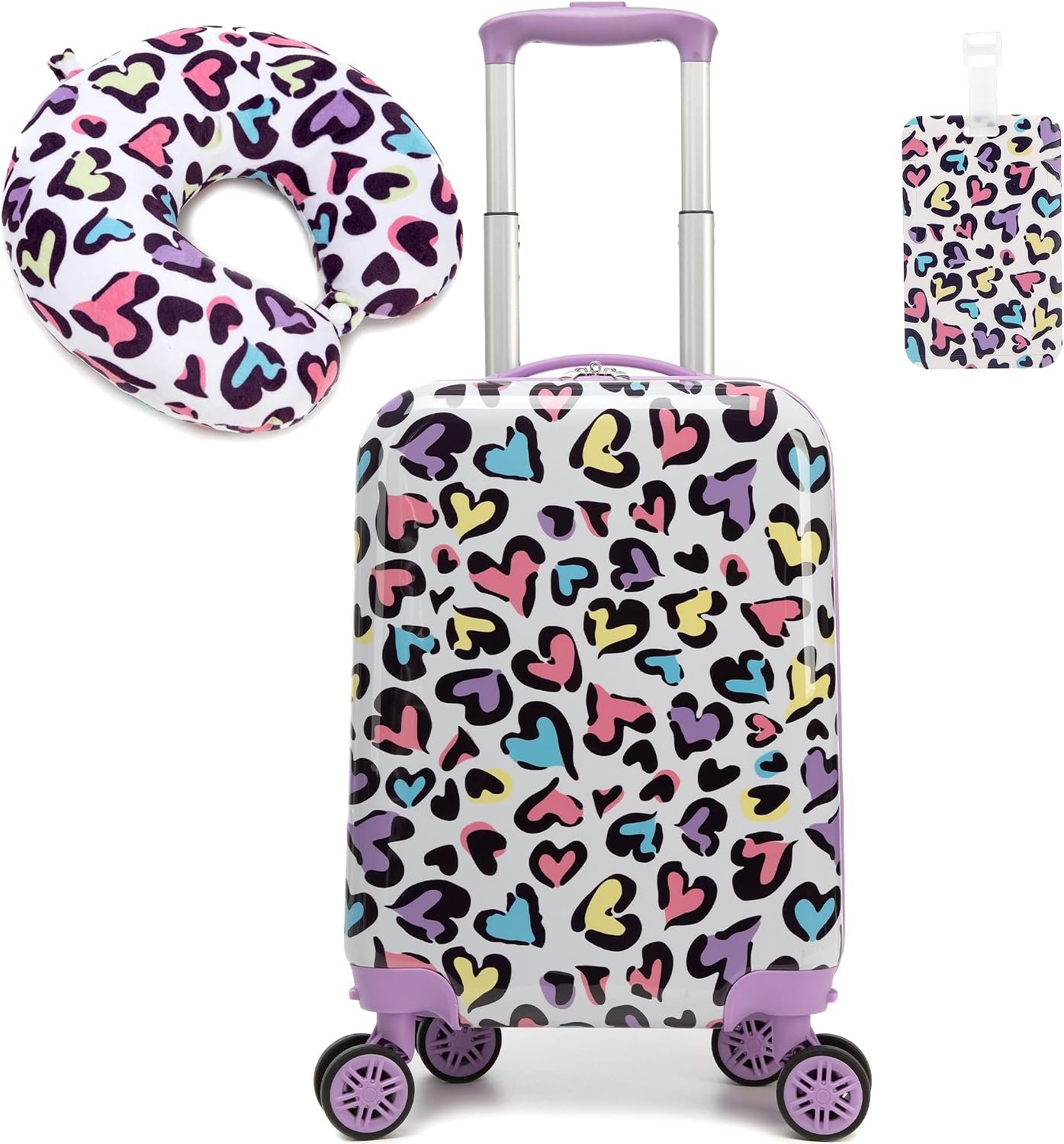 Kid’s Luggage Set 2 Piece Suitcase Set Hardside Luggage with Spinner Wheels Girls Carry on Toddler Travel Rolling Suitcase with Neck Pillow Airline Approved
