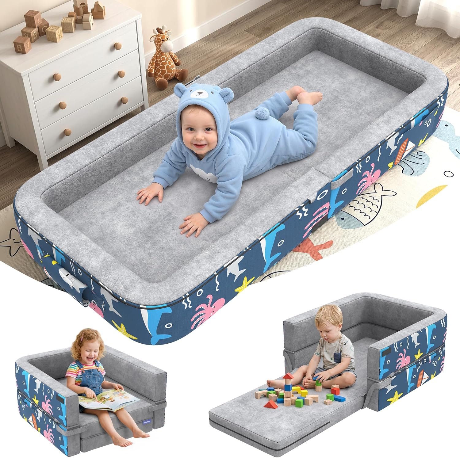 Toddler Travel Bed, 3-in-1 Portable Toddler Floor Bed for Kid, Foldable Kid Floor Beds for Travel/Home, Convertible Sofa to Lounger for Kids with 35D High-Density Foam & Washable Cover, Ocean Grey