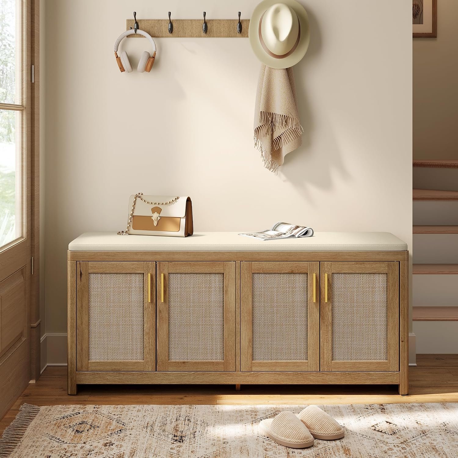 VASAGLE ELLAN Collection – Boho Shoe Bench with Cushion, Entryway Storage Bench with 4 Rattan-Look Cabinet Doors, Rounded Corners, Adjustable Shelf, for Bedroom Under Window, Natural Brown ULSB502KC01