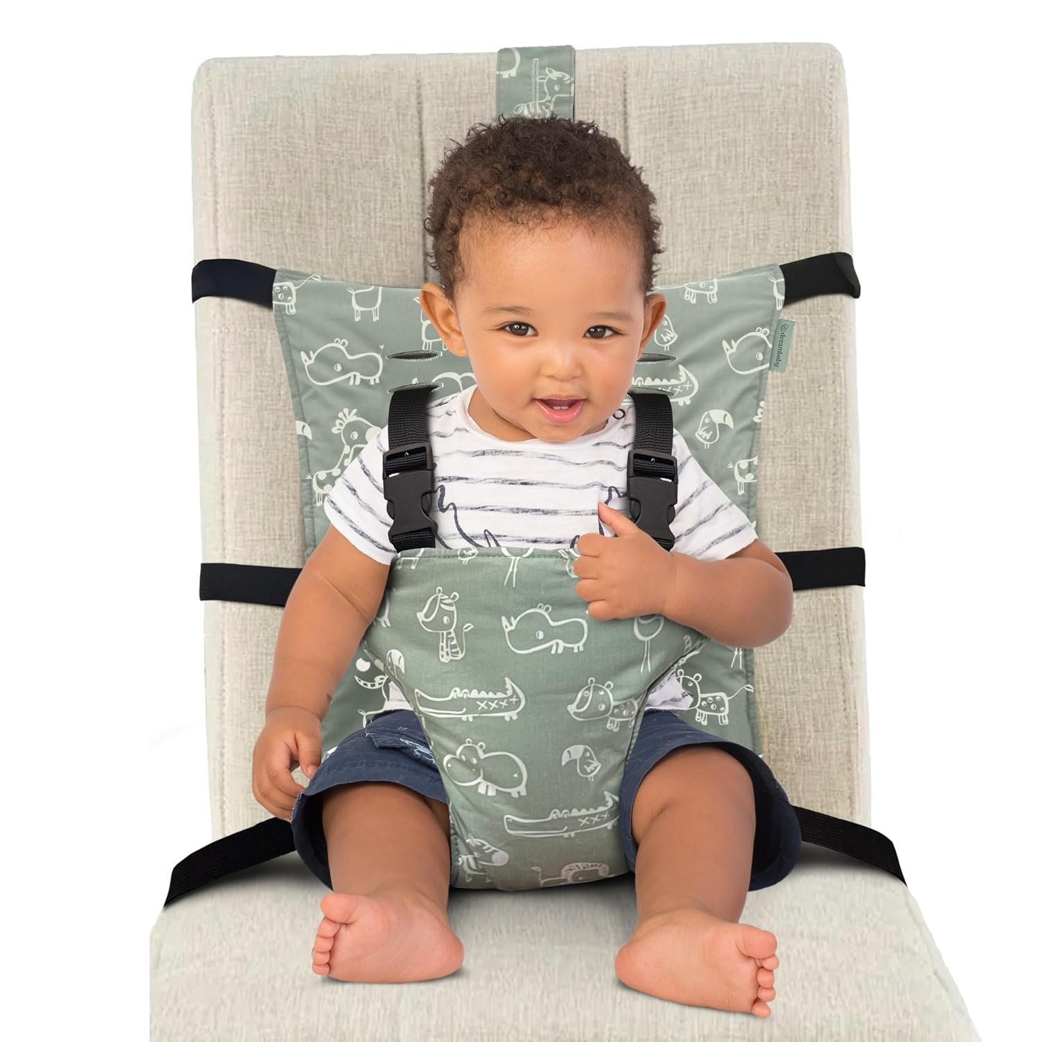 Dreambaby Portable Travel High Chair Harness Seat, Reversible 6M+ | Rolls up to fit diaper bag, machine washable, made with recycled bottles, fits most dining chairs