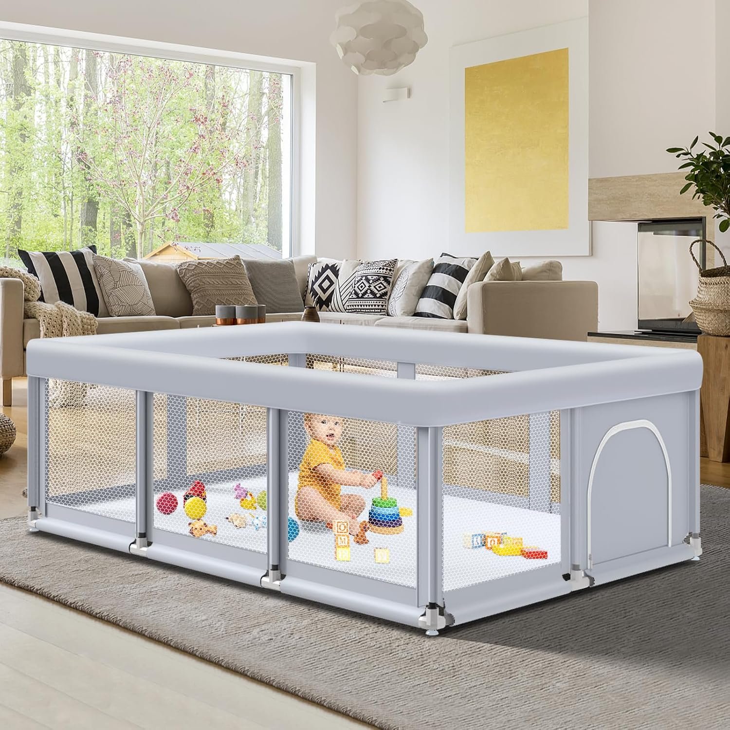 Fshibila 74″ ×50″ Large Baby Playpen, Baby Playard for Babies and Toddlers, Baby Fence Play Pens for Indoor & Outdoor, Sturdy Safety Play Yard with Soft Breathable Mesh, Anti-Fall, Grey