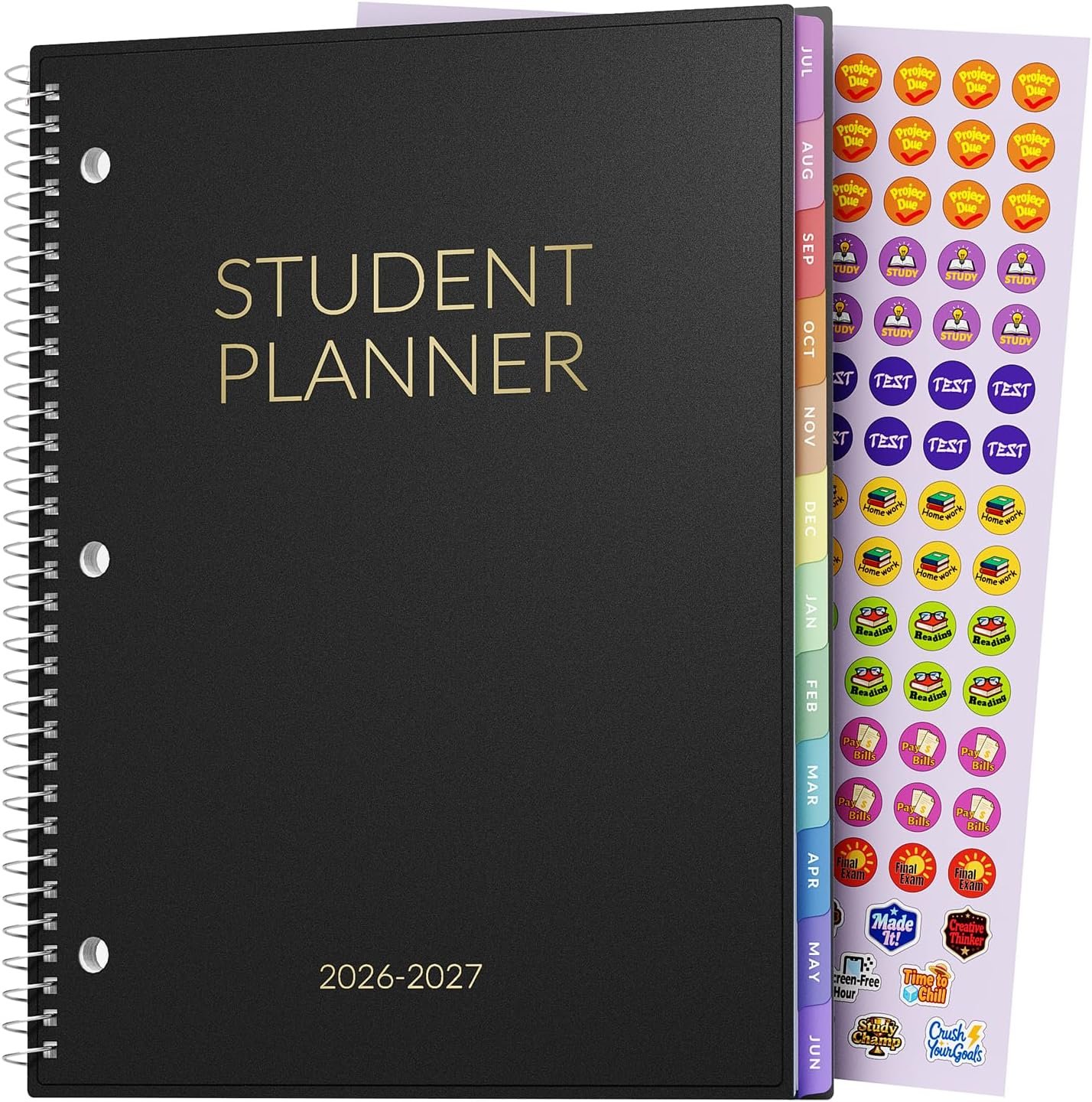 Student Planner 2026-2027, SUNEE Middle or High School Planner for Academic Jul. 2026 – Jun. 2027, 8.5″×11″ Lesson Plan Book with PVC Waterproof Cover, 3-Hole Punched, Bookmark,Planning Stickers,Black