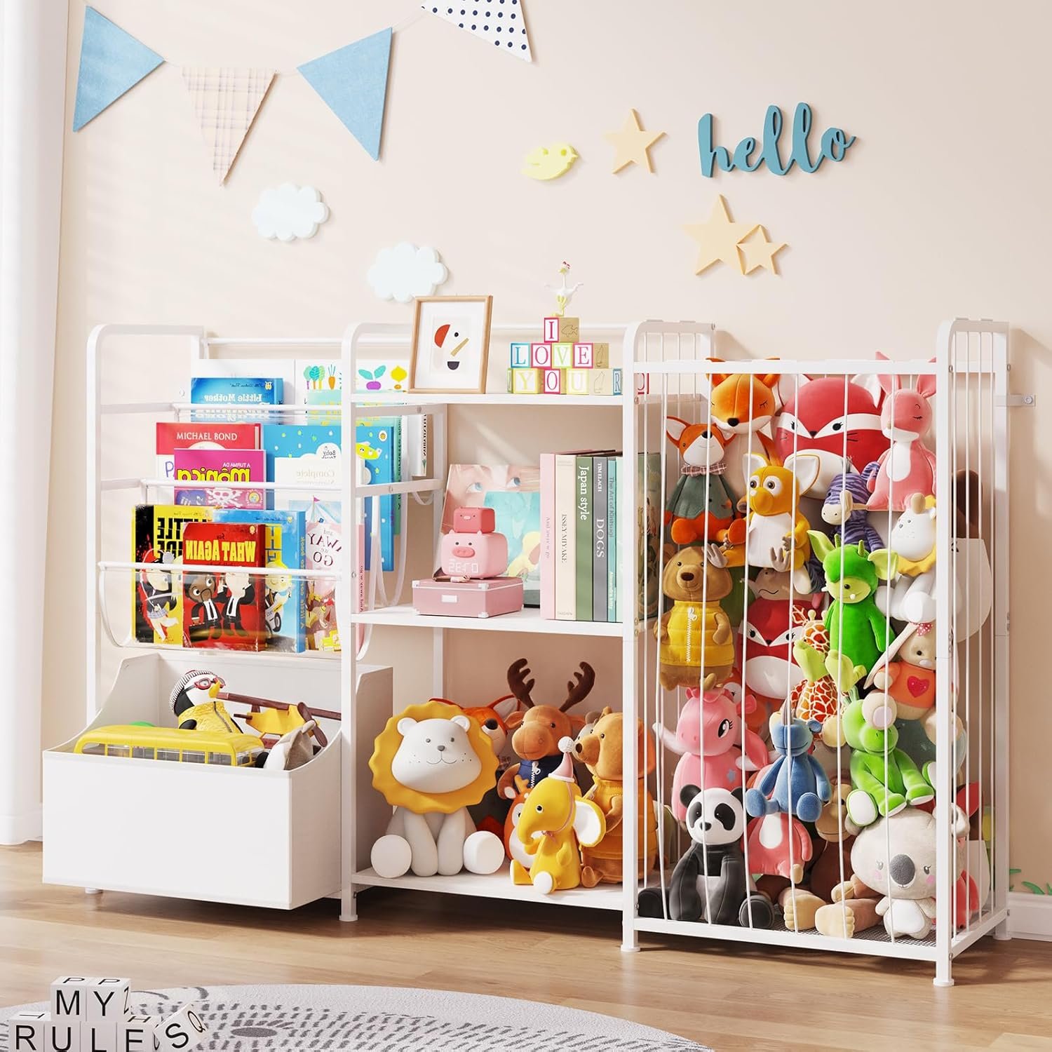 BBLIKE Kids Bookshelf and Toy Storage Organizer, 3-in-1 Toddler Montessori Bookcase with Stuffed Animal Storage & Movable Toy Chest, Large Plushies Holder for Nursery Playroom Bedroom, White