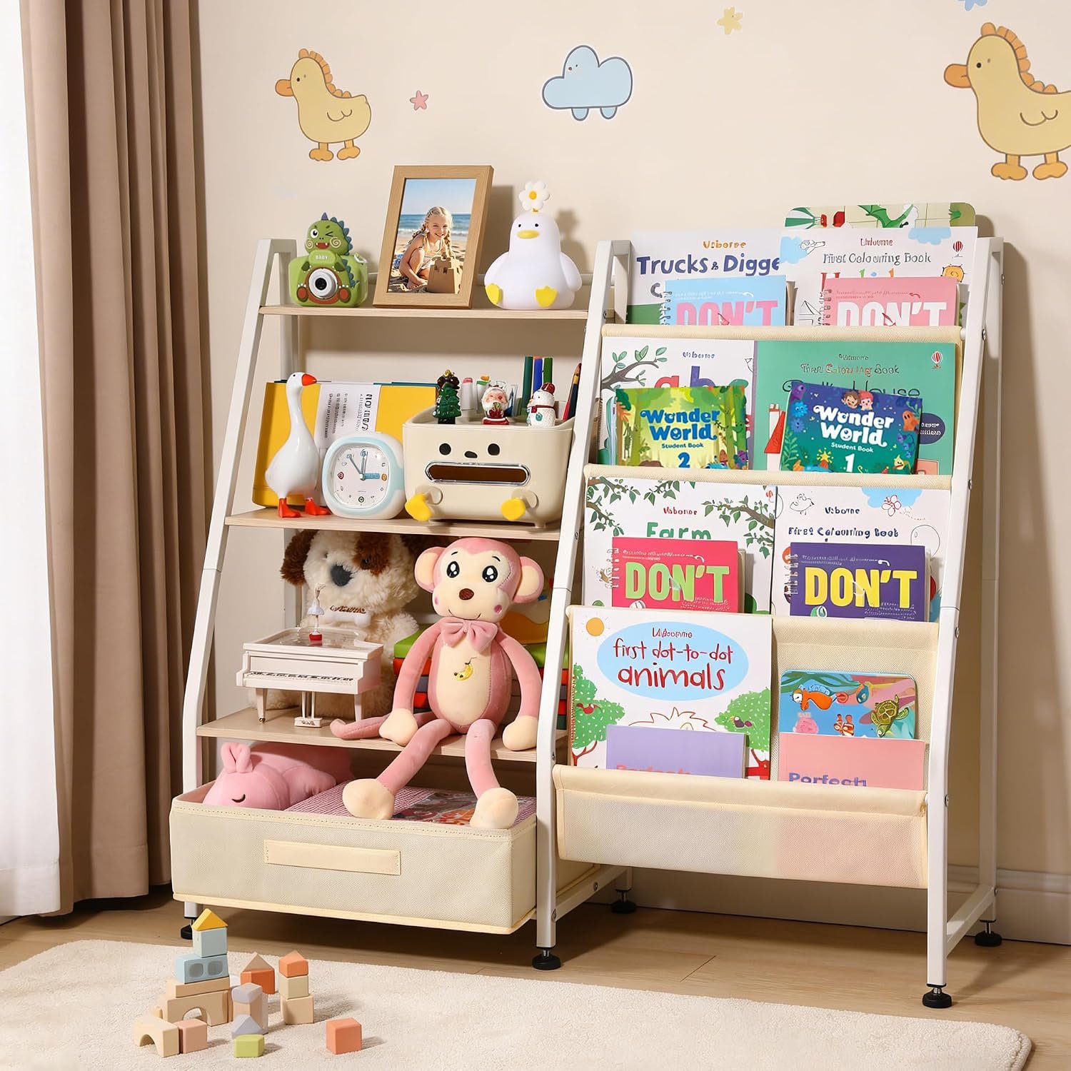 Kids Bookshelf and Toy Storage-Book Shelf for Kids Rooms，Toddler Bookshelf Baby Bookcase with 4 Sling Shelves & Fabric Toy Chest Toy Organizer for Playrooms, Bedrooms, Nursery